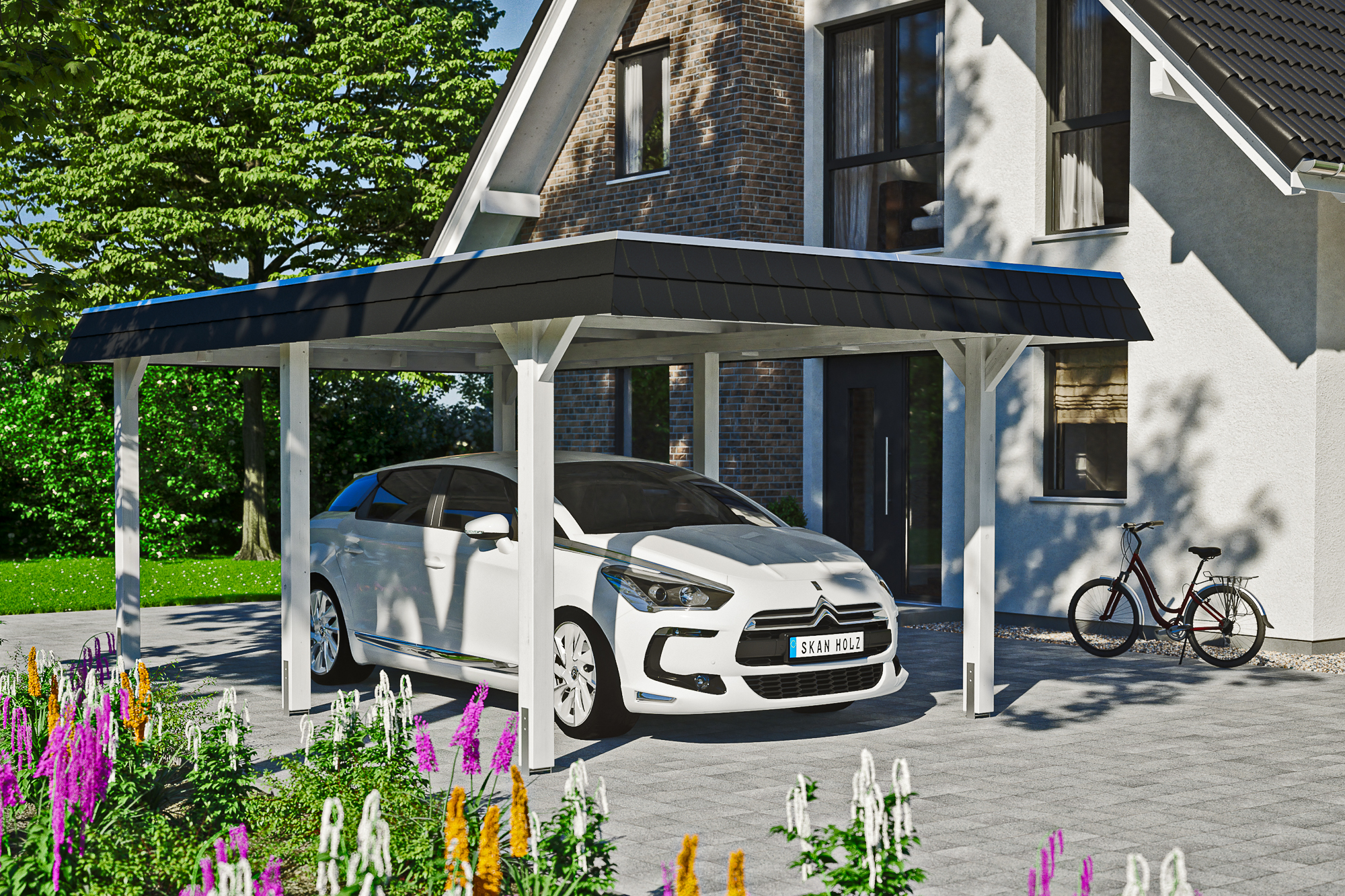 Carport Wendland 362 x 628 cm mit EPDM-Dach, schwarze Blende, weiß Carport Wendland 362 x 628 cm mit EPDM-Dach, schwarze Blende, weiß