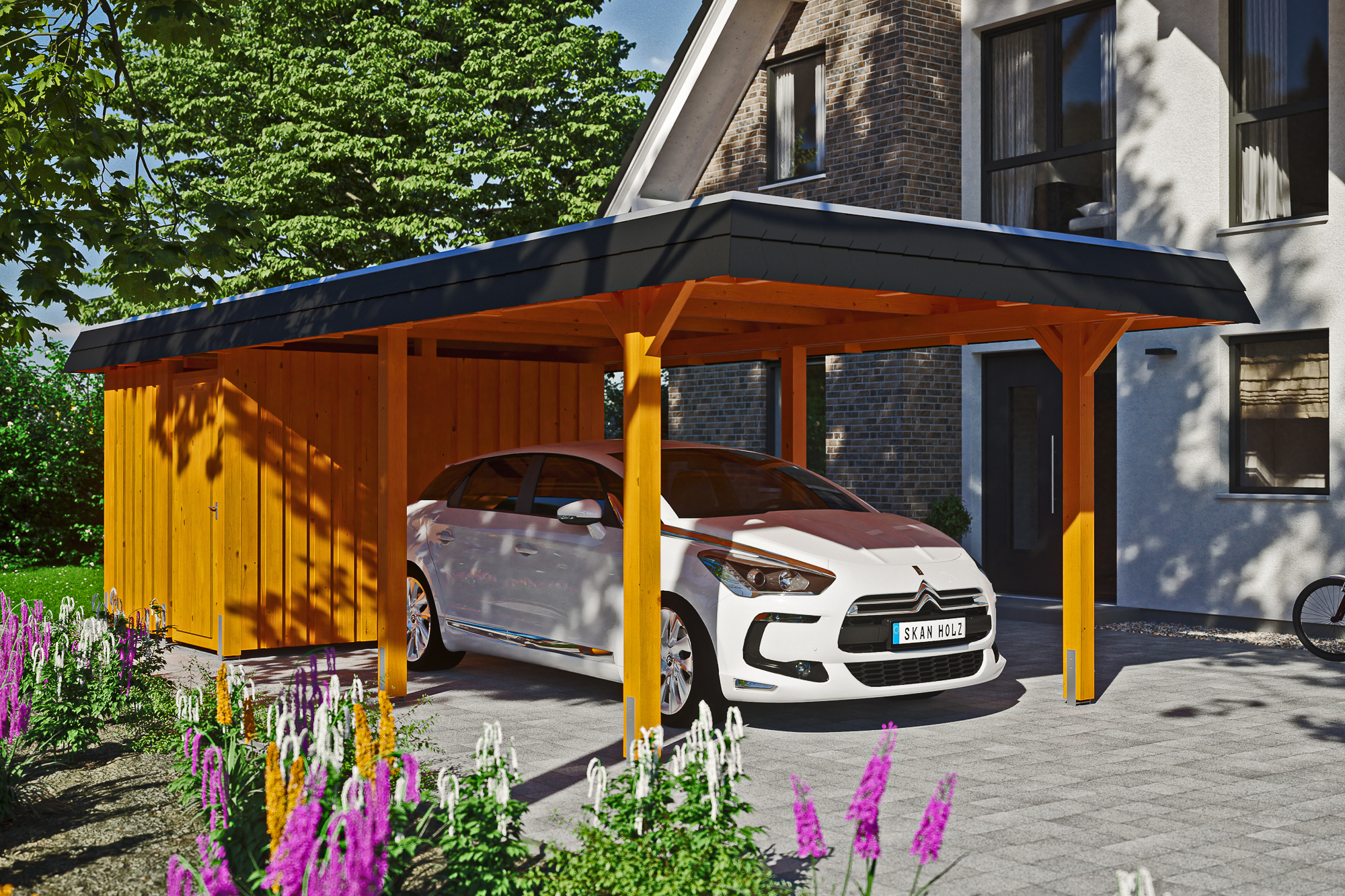 Carport Wendland mit Abstellraum 362 x 870 cm mit EPDM-Dach, schwarze Blende, eiche hell