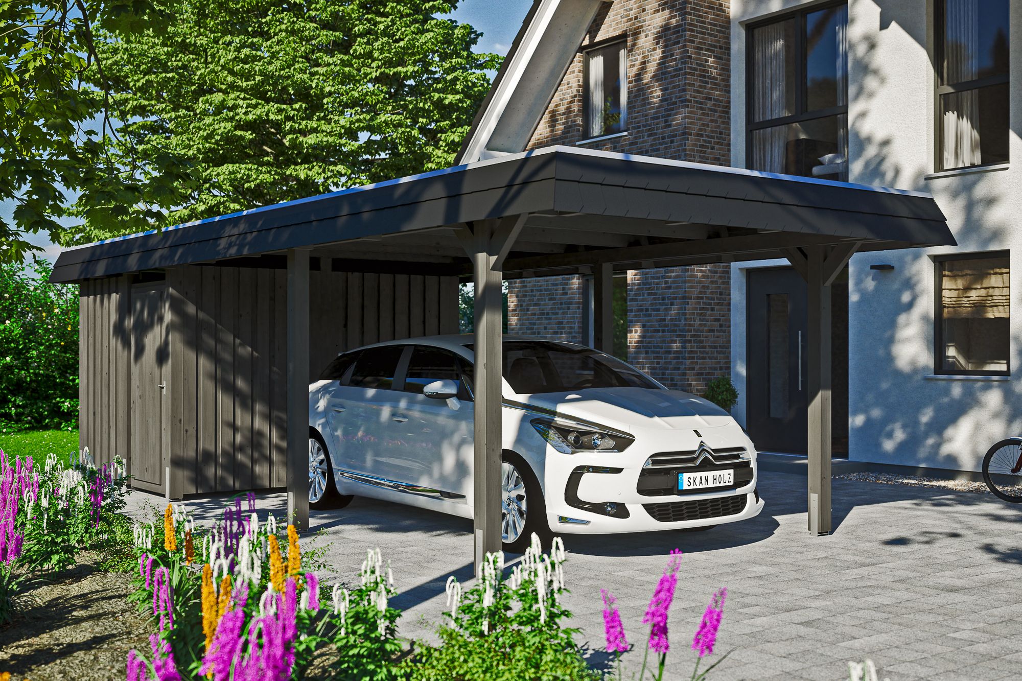 Carport Wendland mit Abstellraum 362 x 870 cm mit EPDM-Dach, schwarze Blende, schiefergrau