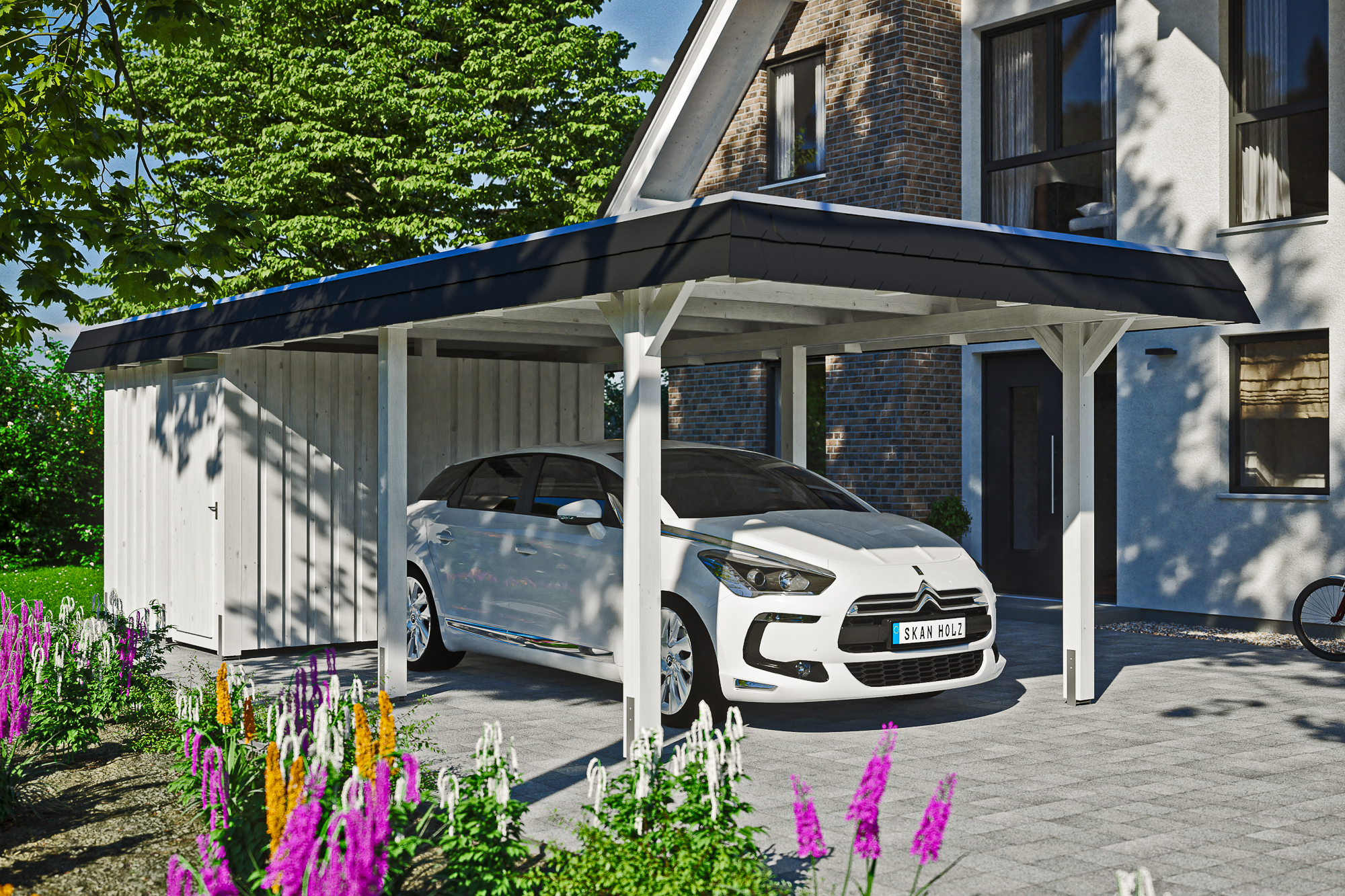 Carport Wendland mit Abstellraum 362 x 870 cm mit EPDM-Dach, schwarze Blende, weiß