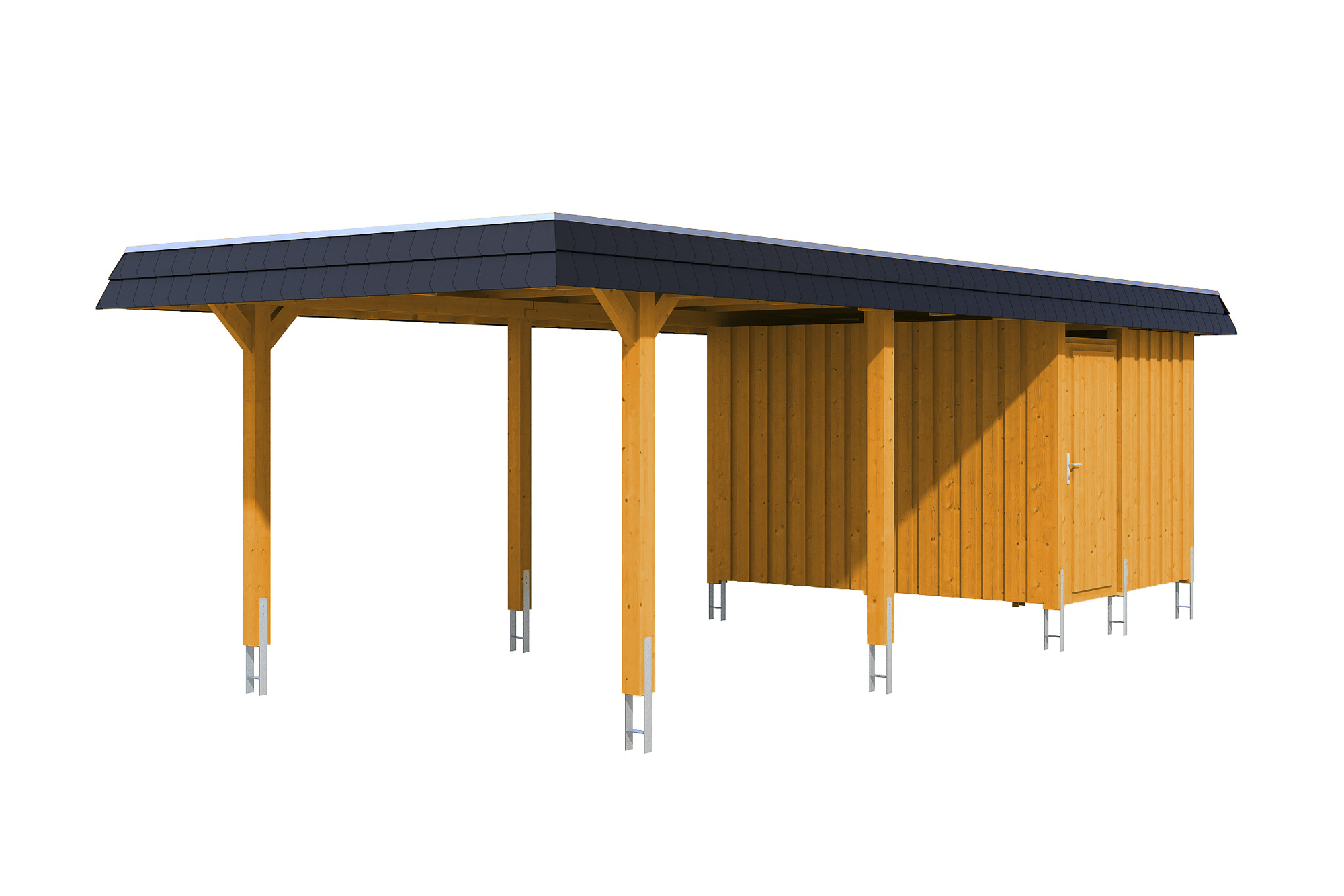 Carport Wendland 362 x 870 cm mit Aluminiumdach, schwarze Blende, eiche hell