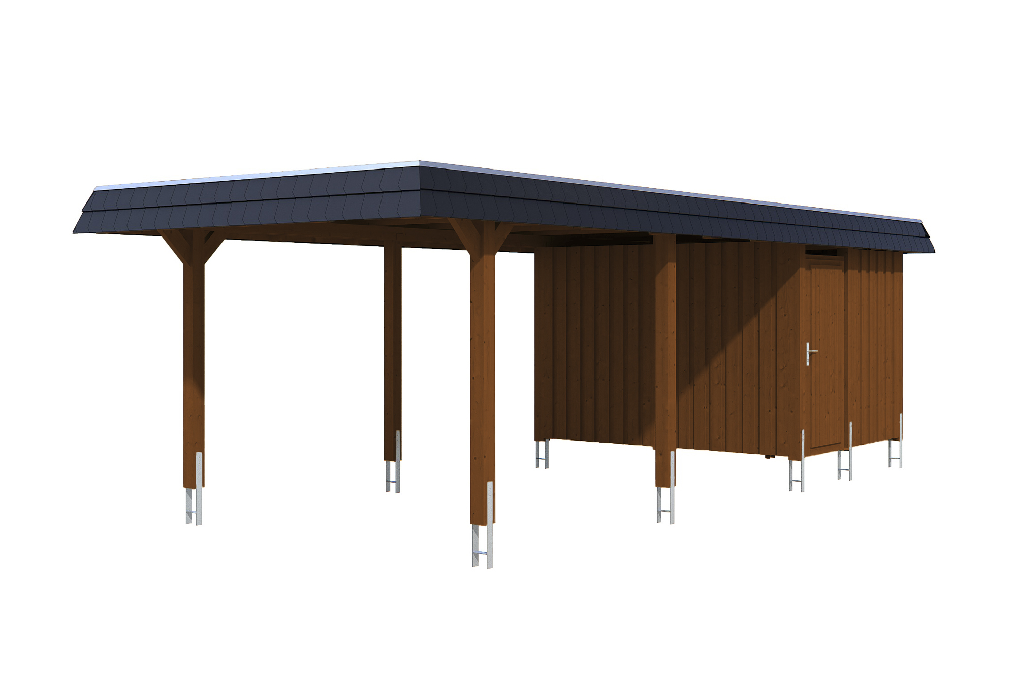Carport Wendland 362 x 870 cm mit Aluminiumdach, schwarze Blende, nussbaum