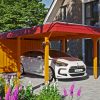 Carport Wendland mit Abstellraum 362 x 870 cm mit EPDM-Dach, rote Blende, eiche hell