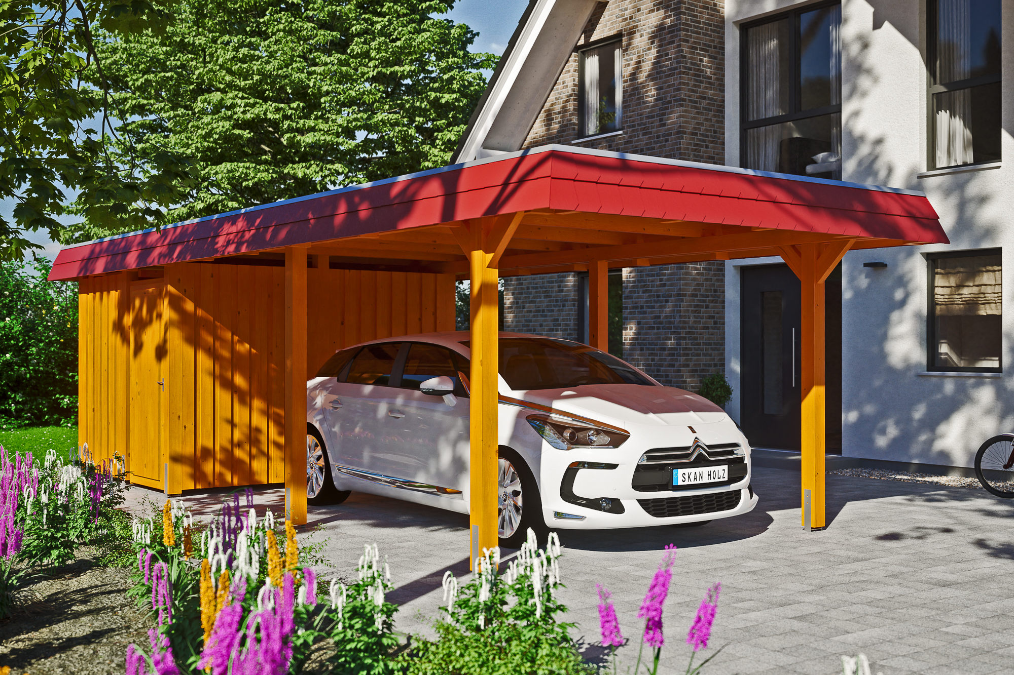 Carport Wendland mit Abstellraum 362 x 870 cm mit EPDM-Dach, rote Blende, eiche hell