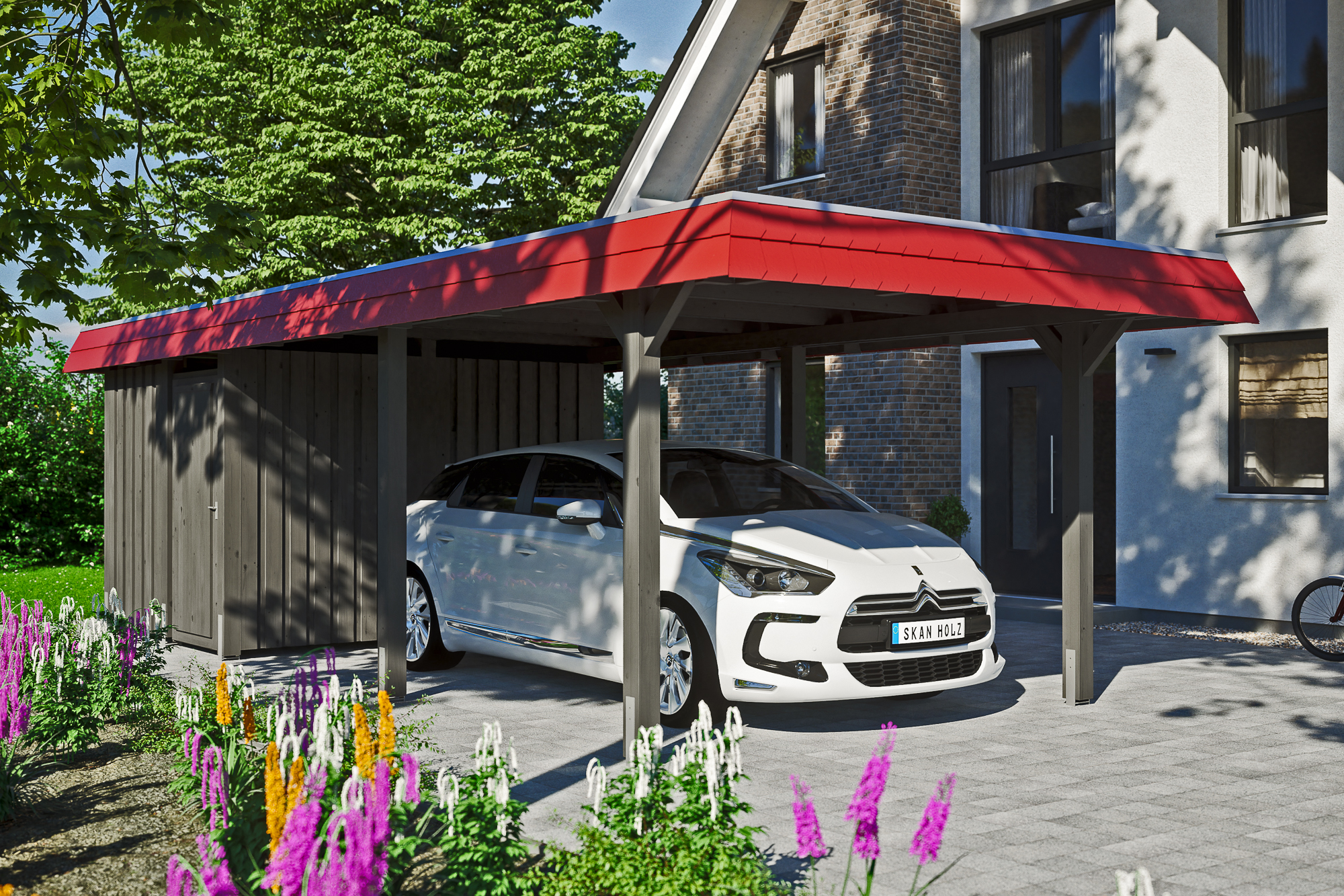 Carport Wendland mit Abstellraum 362 x 870 cm mit EPDM-Dach, rote Blende, schiefergrau