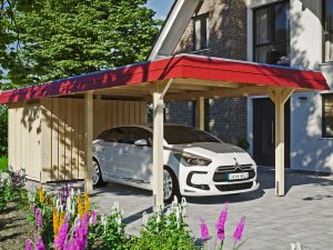 Carport Wendland mit Abstellraum 362 x 870 cm mit EPDM-Dach, rote Blende