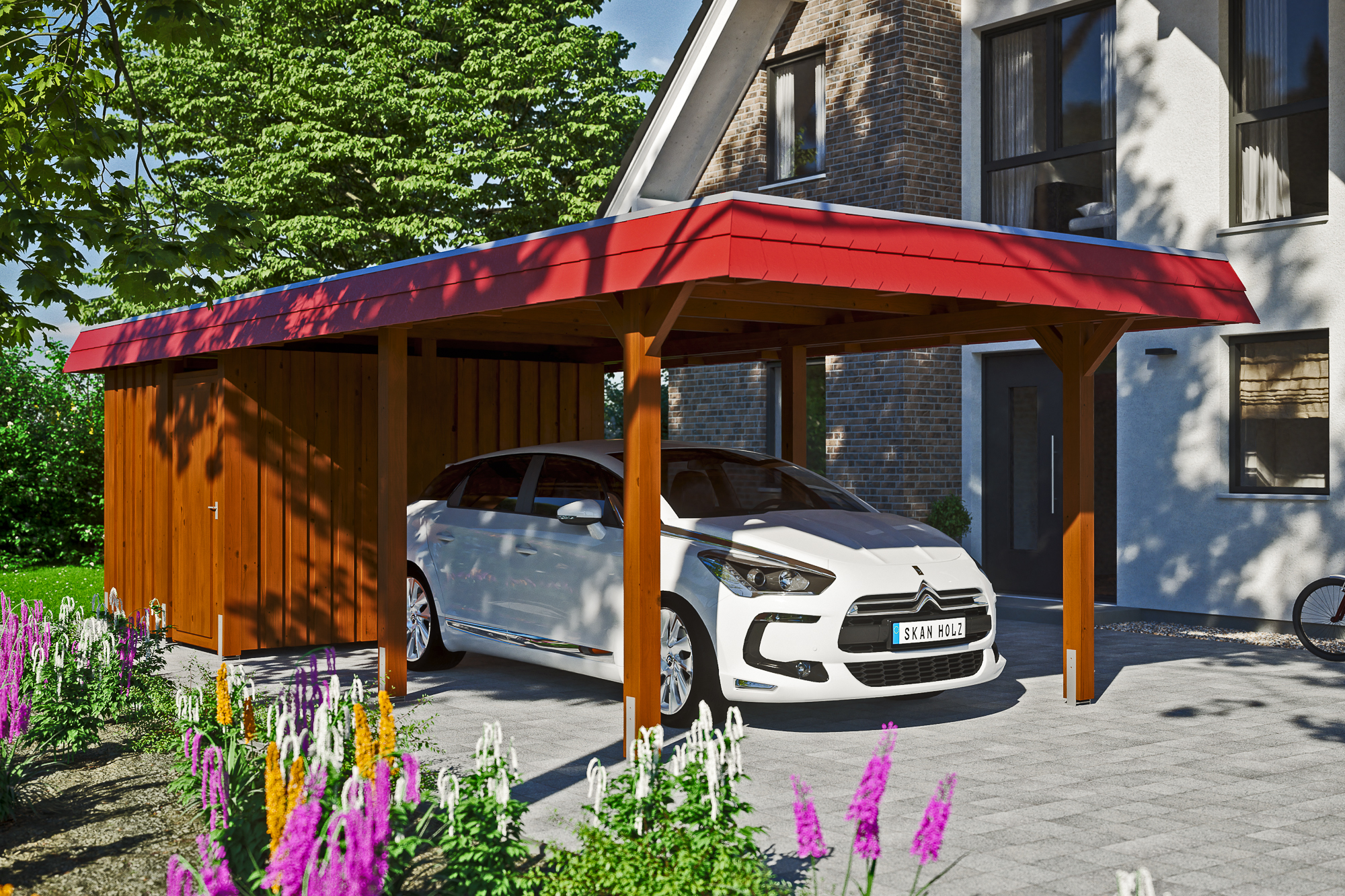 Carport Wendland mit Abstellraum 362 x 870 cm mit EPDM-Dach, rote Blende, nussbaum