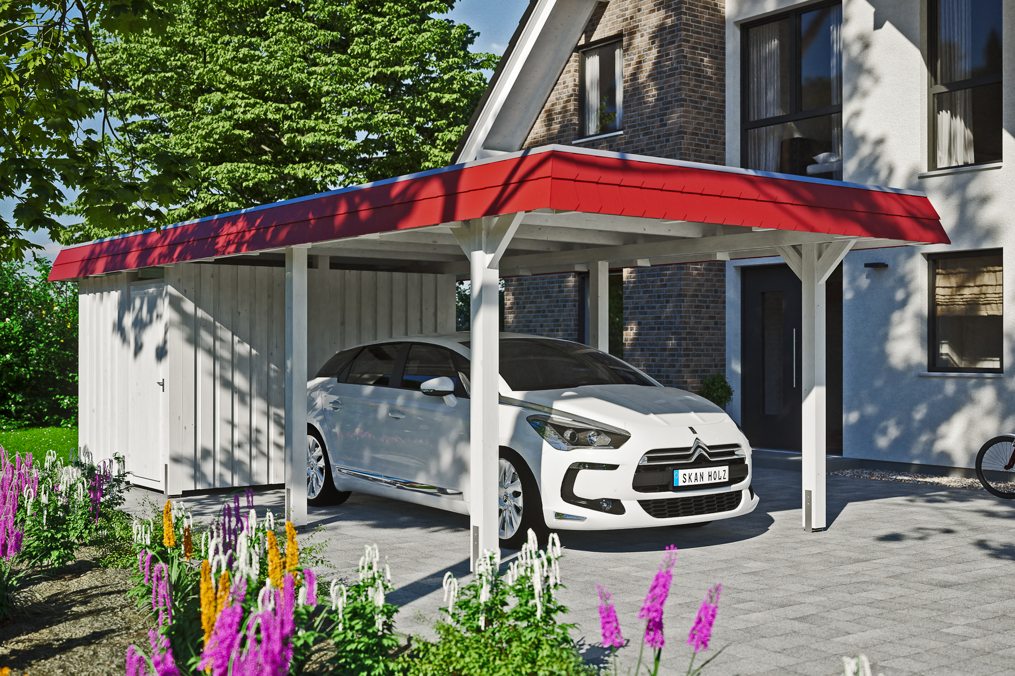 Carport Wendland mit Abstellraum 362 x 870 cm mit EPDM-Dach, rote Blende, weiß