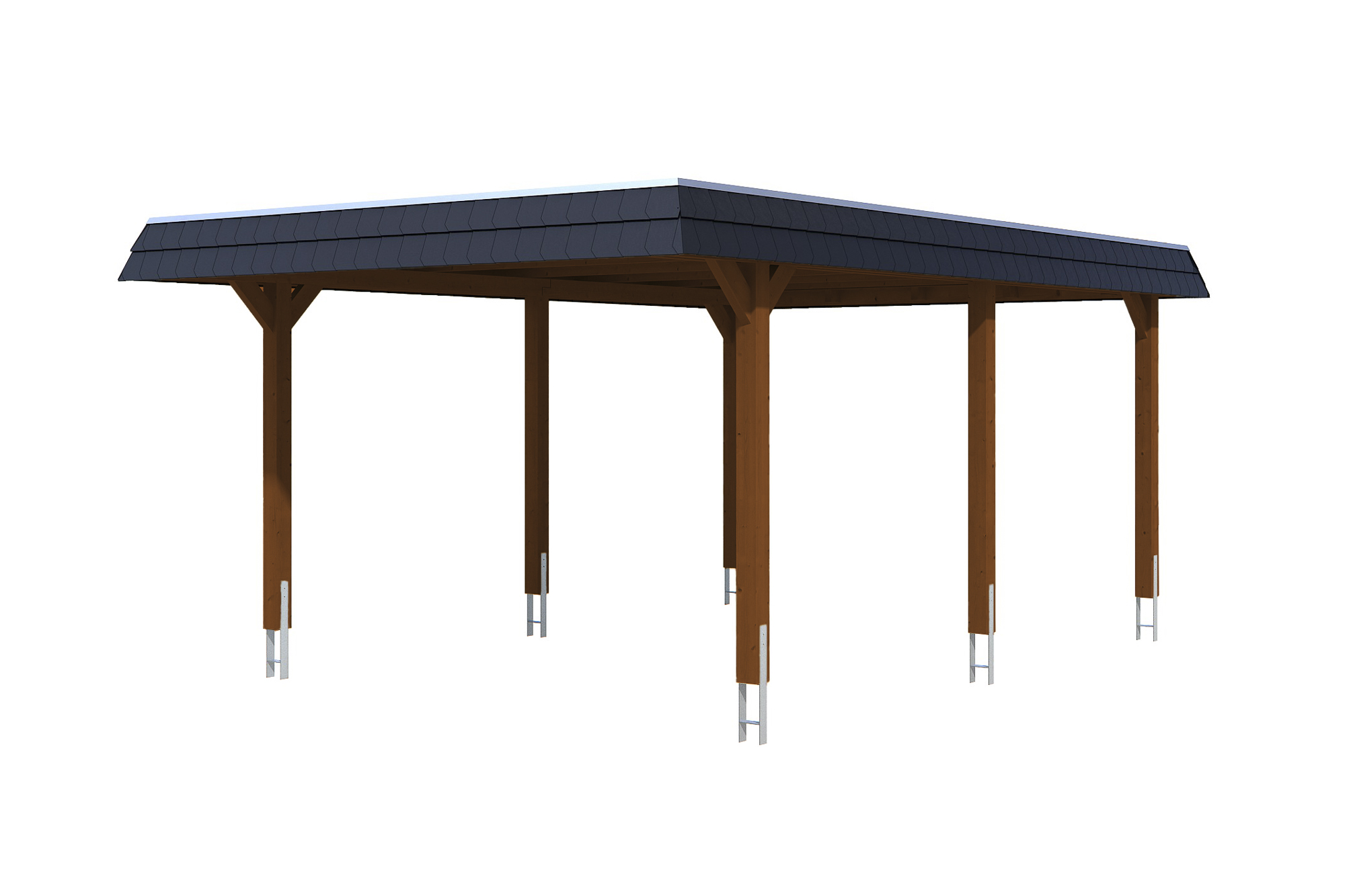 Carport Wendland 409 x 628 cm mit Aluminiumdach, schwarze Blende, nussbaum