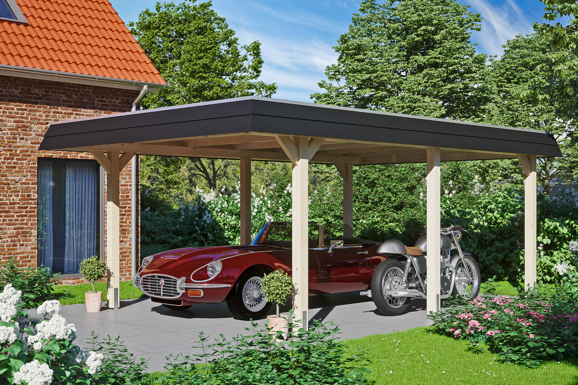 Carport Wendland 409 x 628 cm mit EPDM-Dach, schwarze Blende Carport Wendland 409 x 628 cm mit EPDM-Dach, schwarze Blende