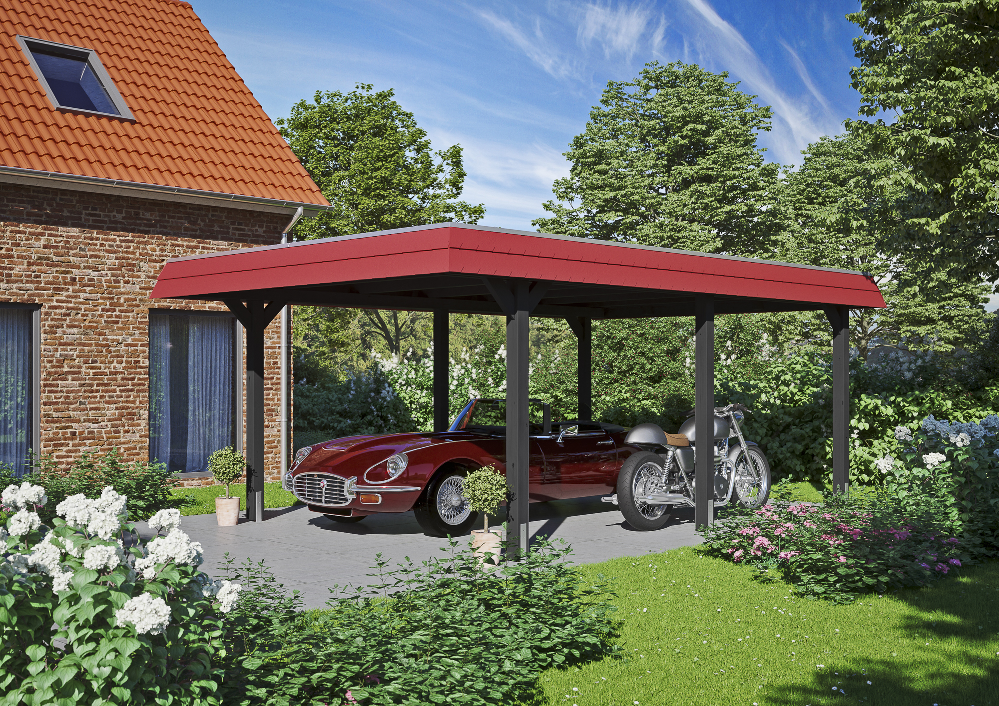 Carport Wendland 409 x 628 cm mit EPDM-Dach, rote Blende, anthrazit