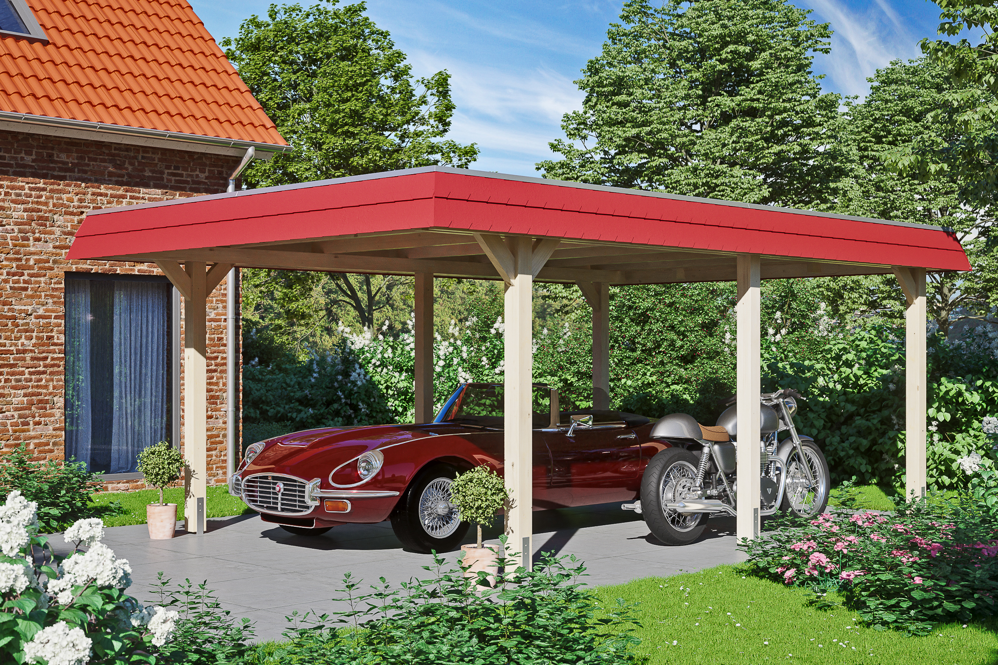 Carport Wendland 409 x 628 cm mit EPDM-Dach, rote Blende