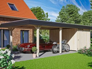 Carport Wendland mit Abstellraum 409 x 870 cm mit EPDM-Dach, schwarze Blende