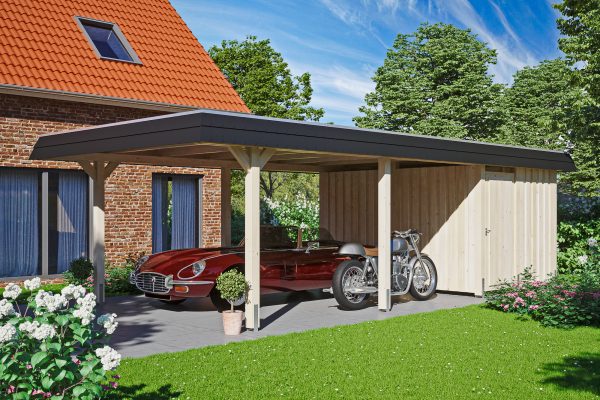 Carport Wendland mit Abstellraum 409 x 870 cm mit EPDM-Dach, schwarze Blende