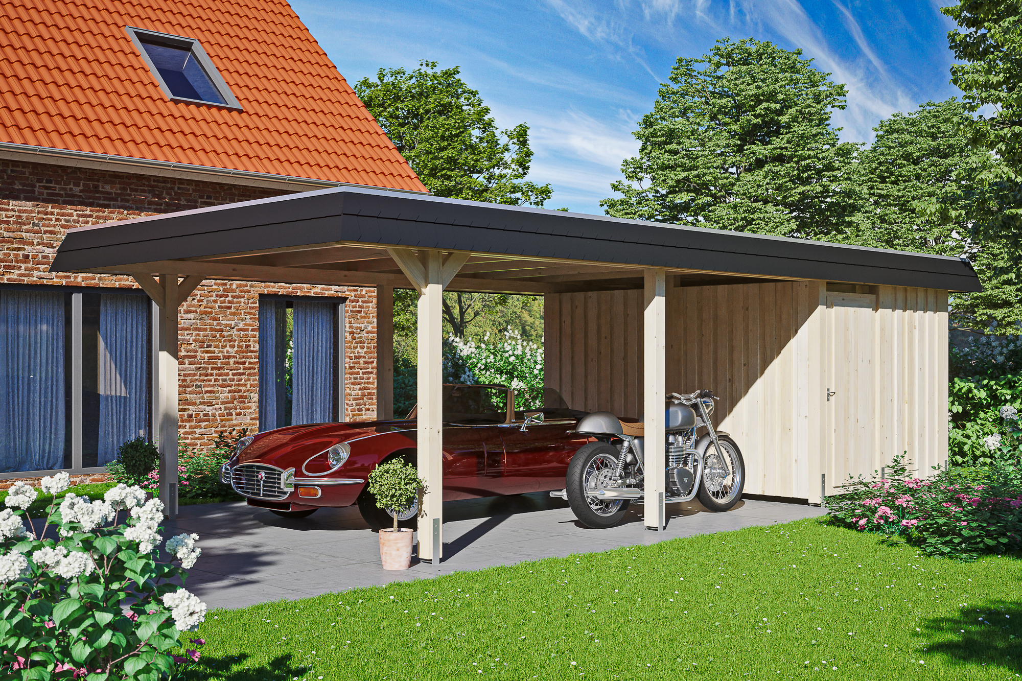 Carport Wendland mit Abstellraum 409 x 870 cm mit EPDM-Dach, schwarze Blende