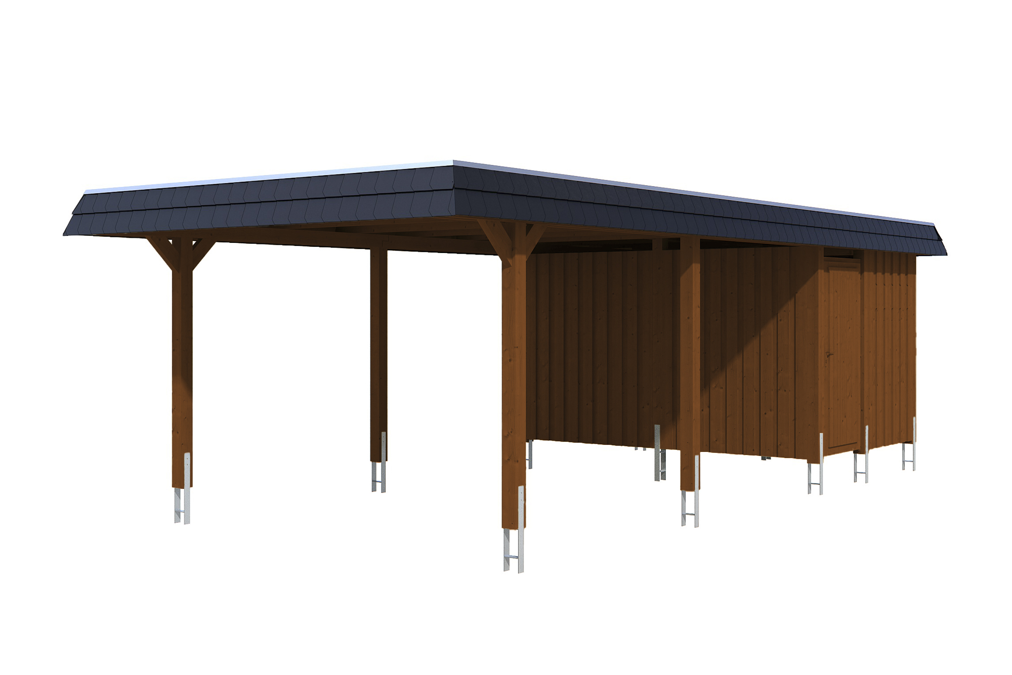 Carport Wendland 409 x 870 cm mit Aluminiumdach, schwarze Blende, nussbaum