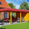 Carport Wendland mit Abstellraum 409 x 870 cm mit EPDM-Dach, rote Blende, eiche hell
