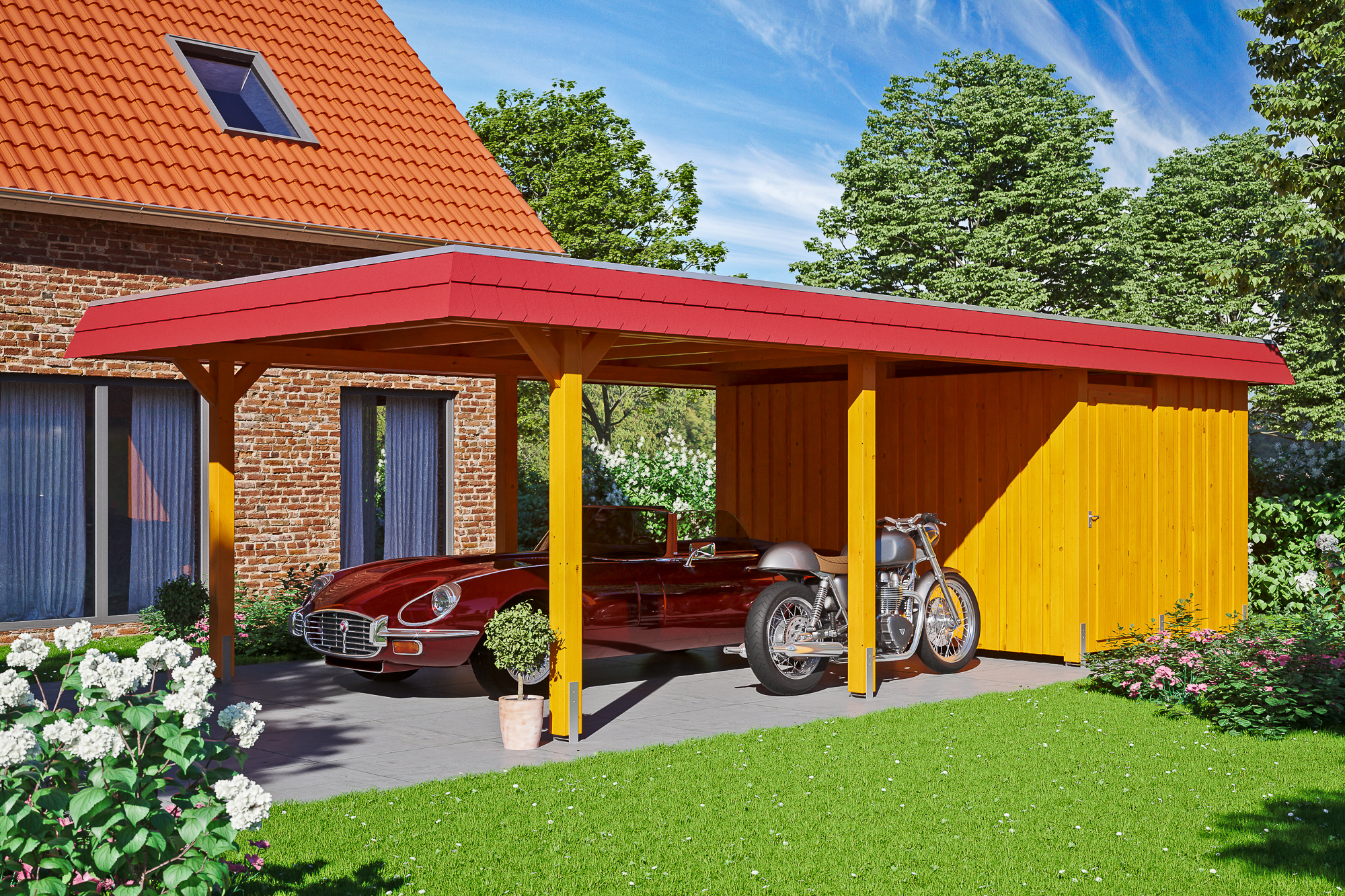 Carport Wendland mit Abstellraum 409 x 870 cm mit EPDM-Dach, rote Blende, eiche hell
