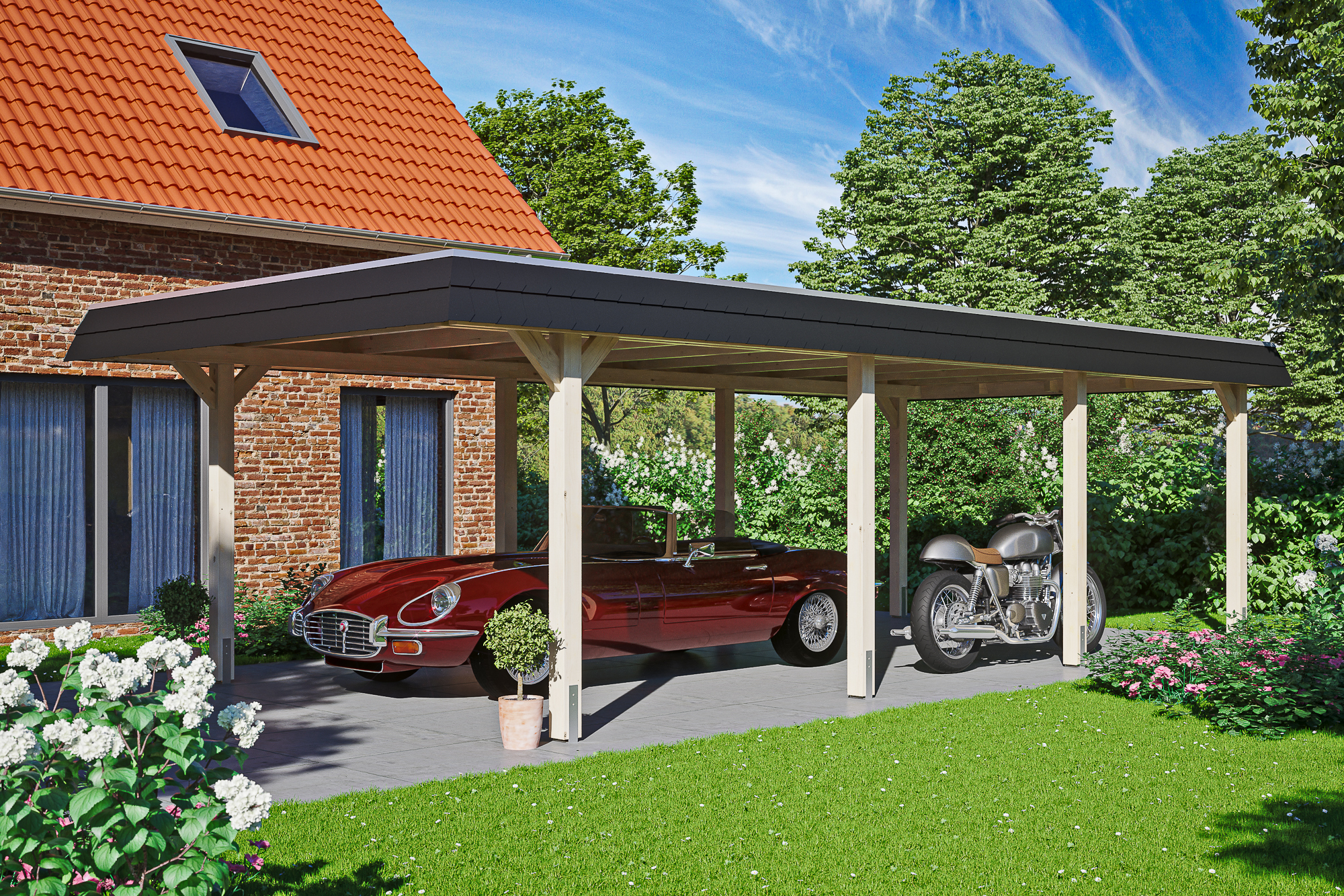 Carport Wendland 409 x 870 cm mit EPDM-Dach, schwarze Blende