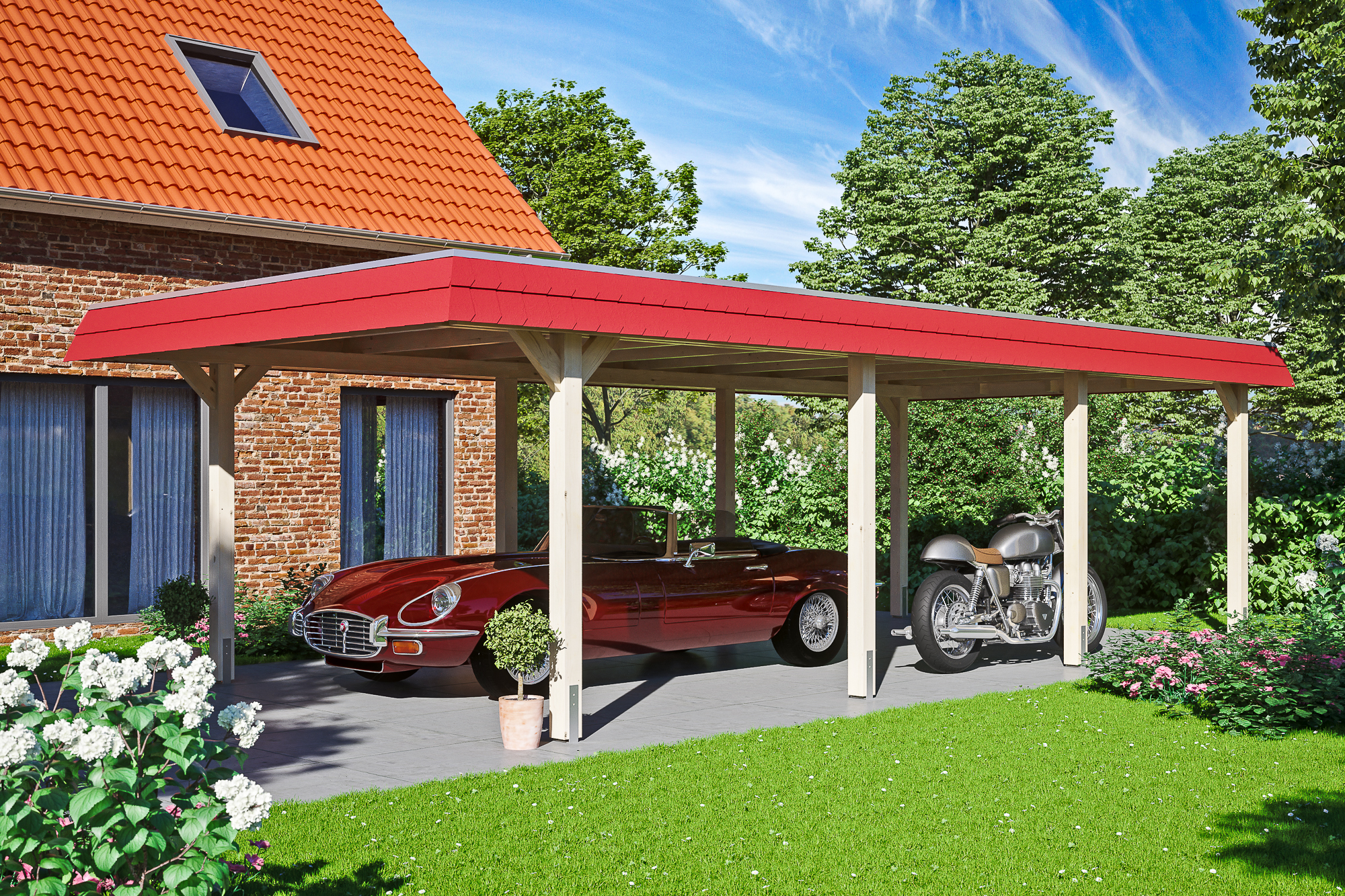Carport Wendland 409 x 870 cm mit EPDM-Dach, rote Blende