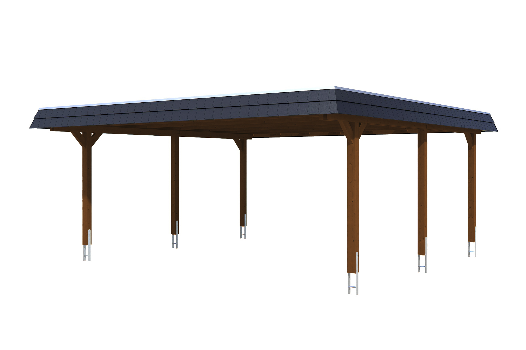 Carport Wendland 630 x 637 cm mit Aluminiumdach, schwarze Blende, nussbaum