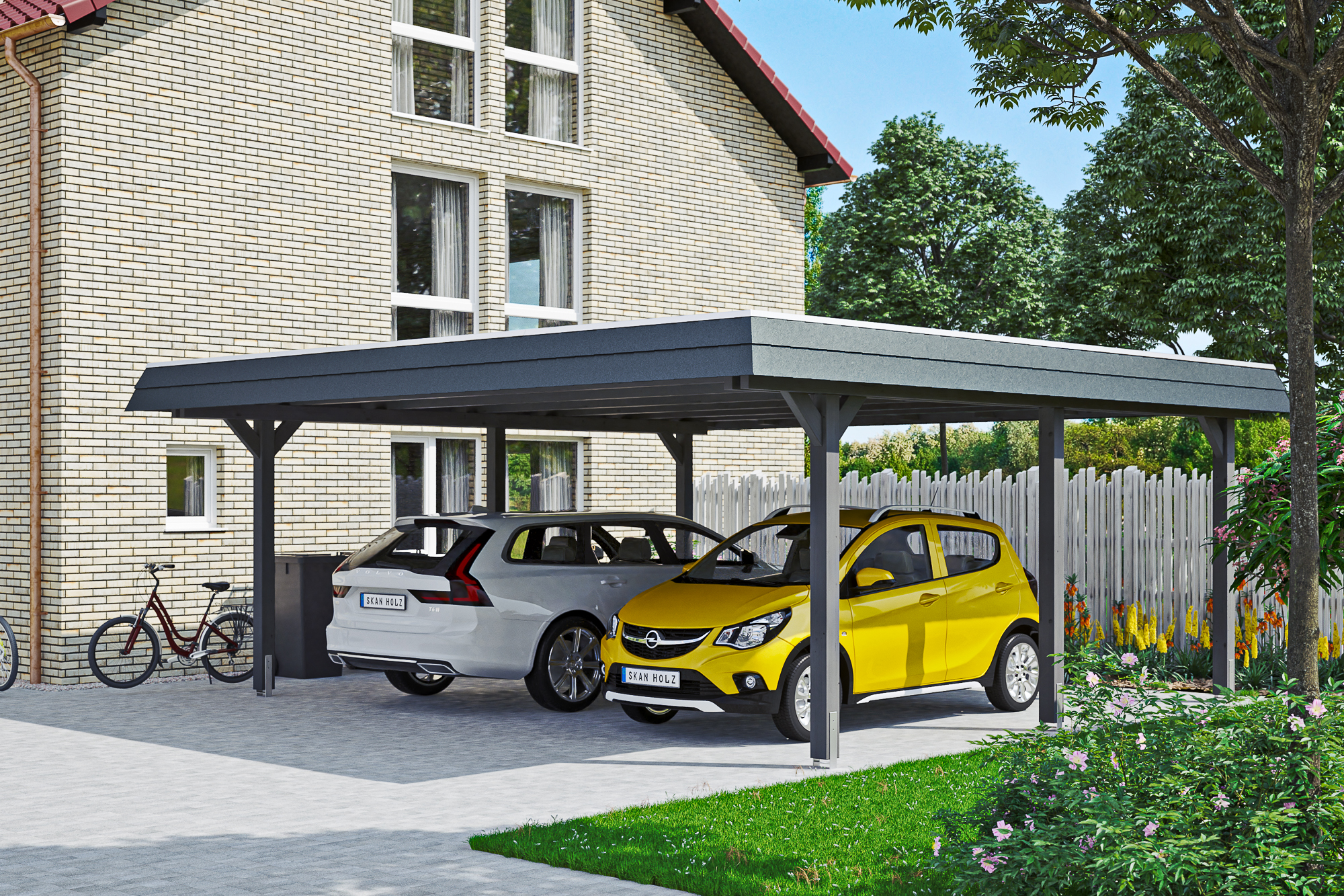 Carport Wendland 630 x 637 cm mit EPDM-Dach, schwarze Blende, schiefergrau