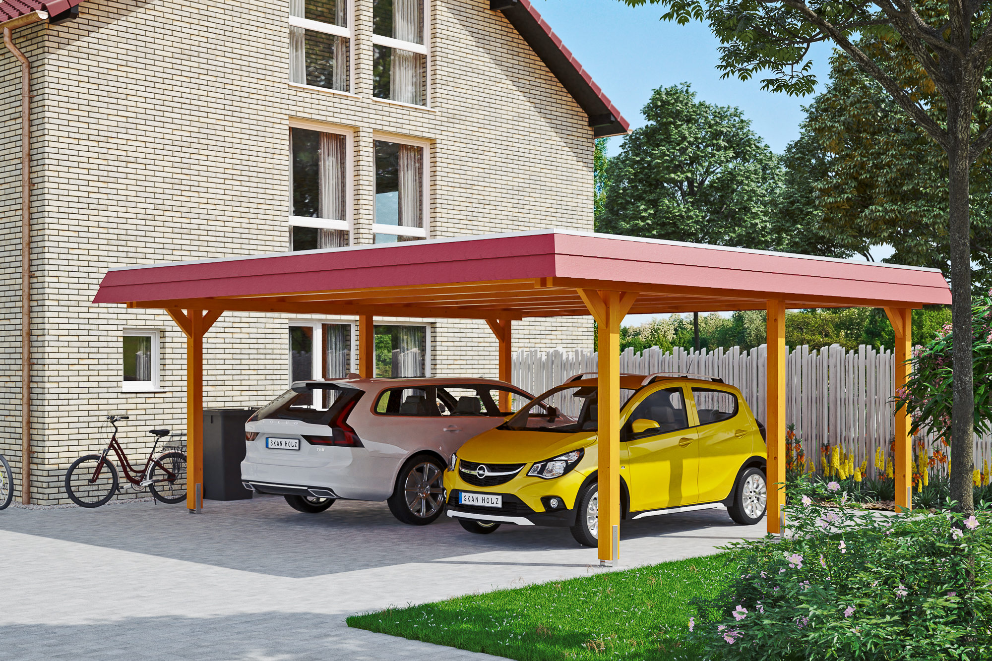 Carport Wendland 630 x 637 cm mit EPDM-Dach, rote Blende, eiche hell