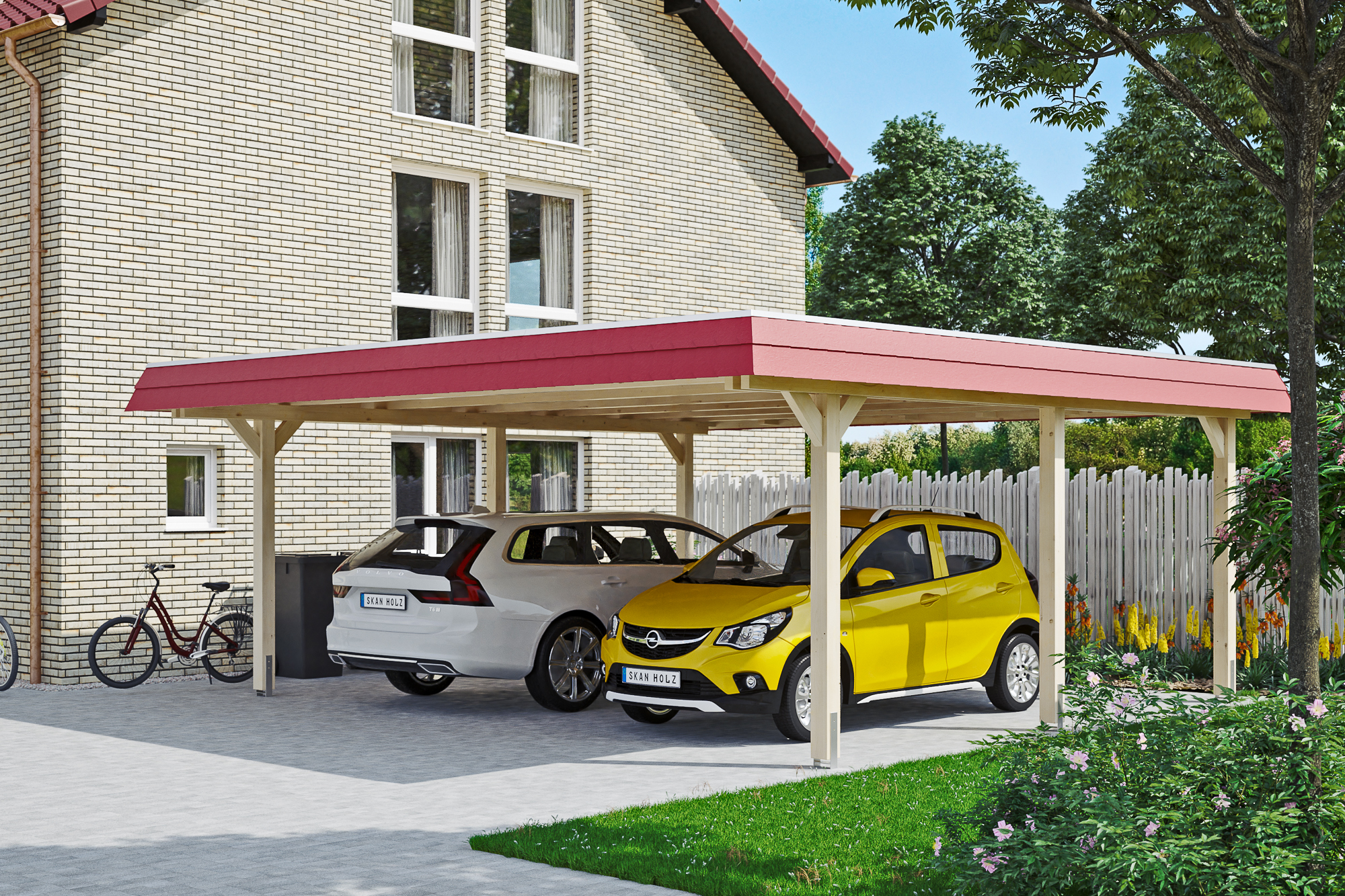 Carport Wendland 630 x 637 cm mit EPDM-Dach, rote Blende