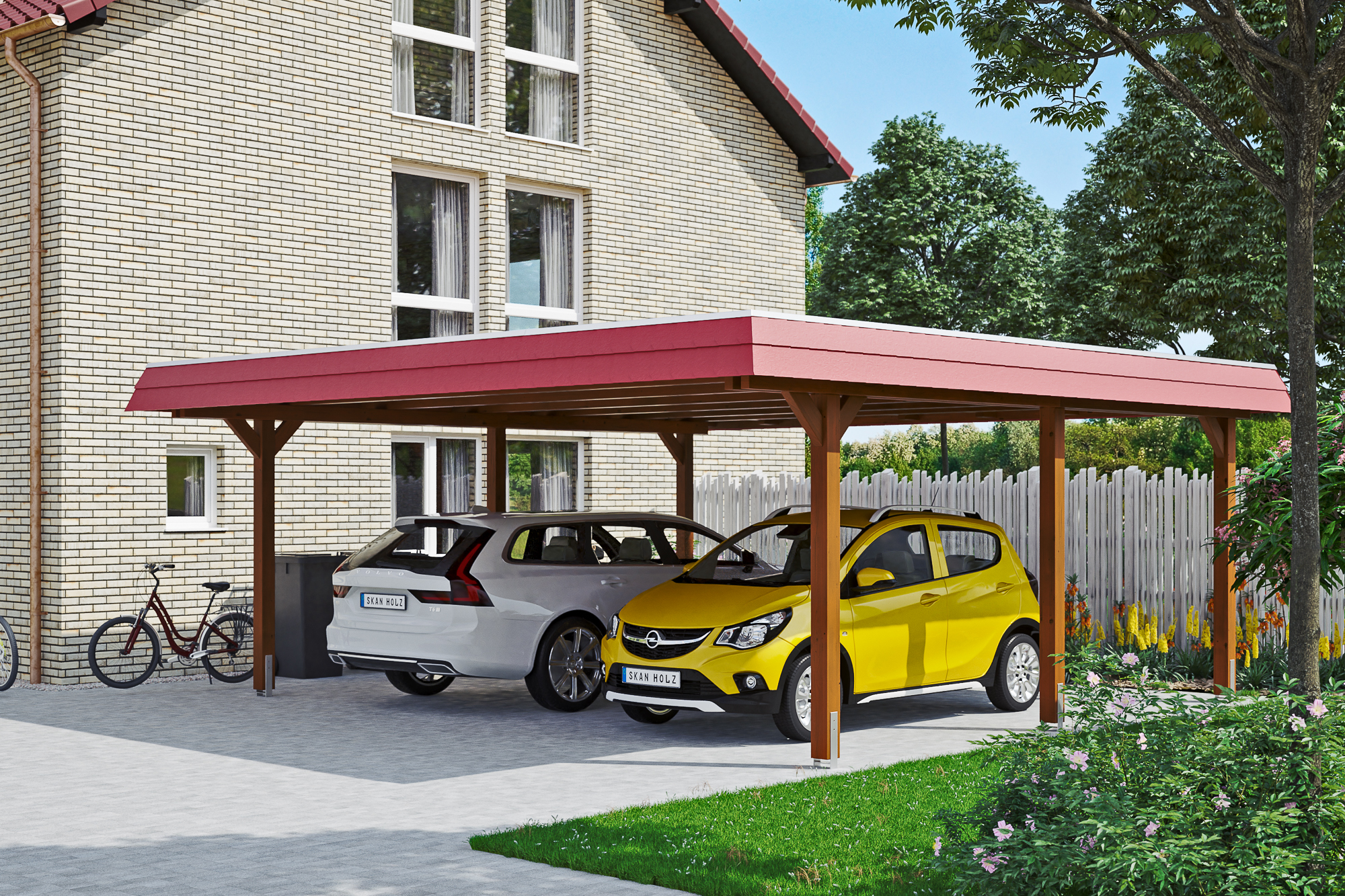 Carport Wendland 630 x 637 cm mit EPDM-Dach, rote Blende, nussbaum