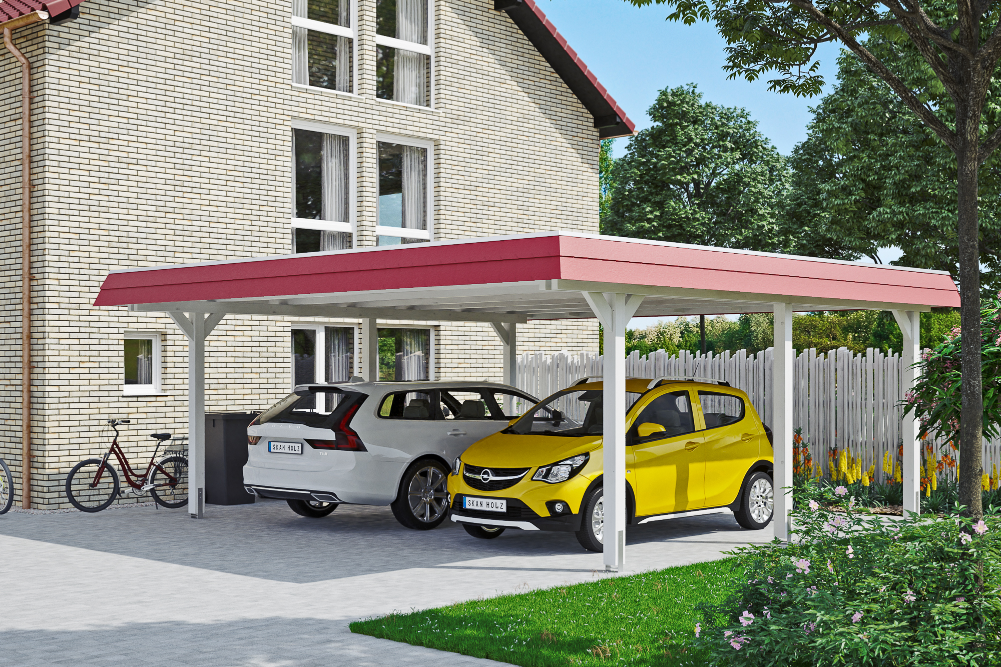 Carport Wendland 630 x 637 cm mit EPDM-Dach, rote Blende, weiß