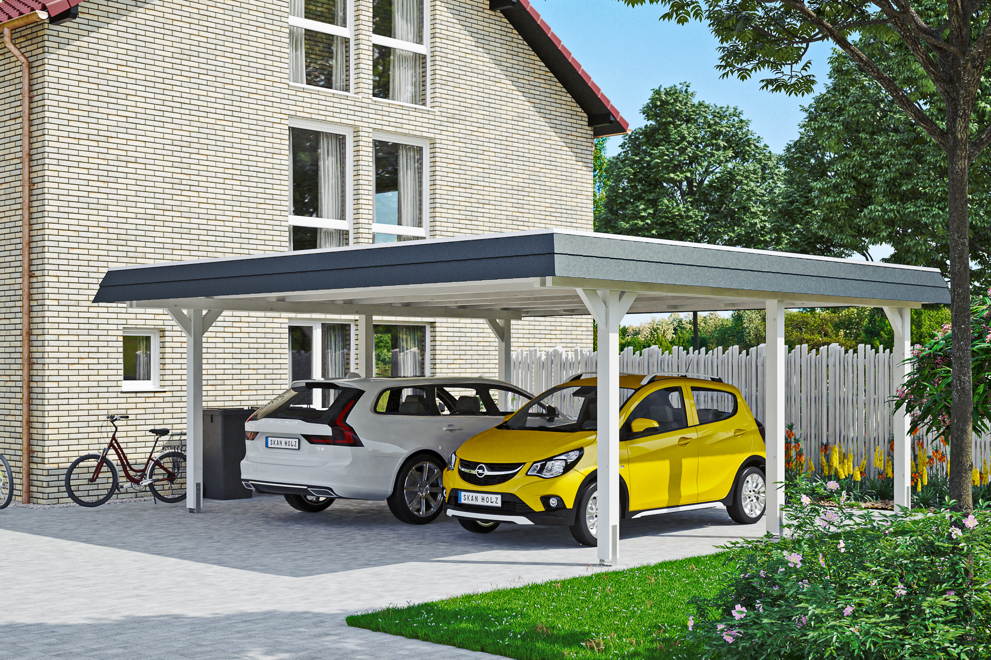 Carport Wendland 630 x 637 cm mit EPDM-Dach, schwarze Blende, weiß