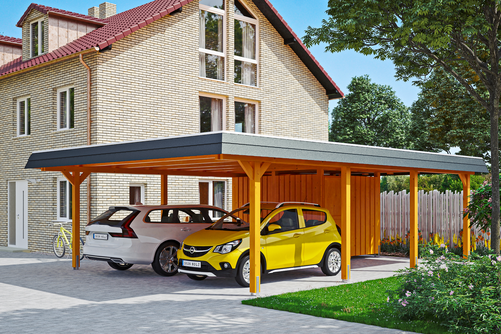 Carport Wendland mit Abstellraum 630 x 879 cm mit EPDM-Dach, schwarze Blende, eiche hell