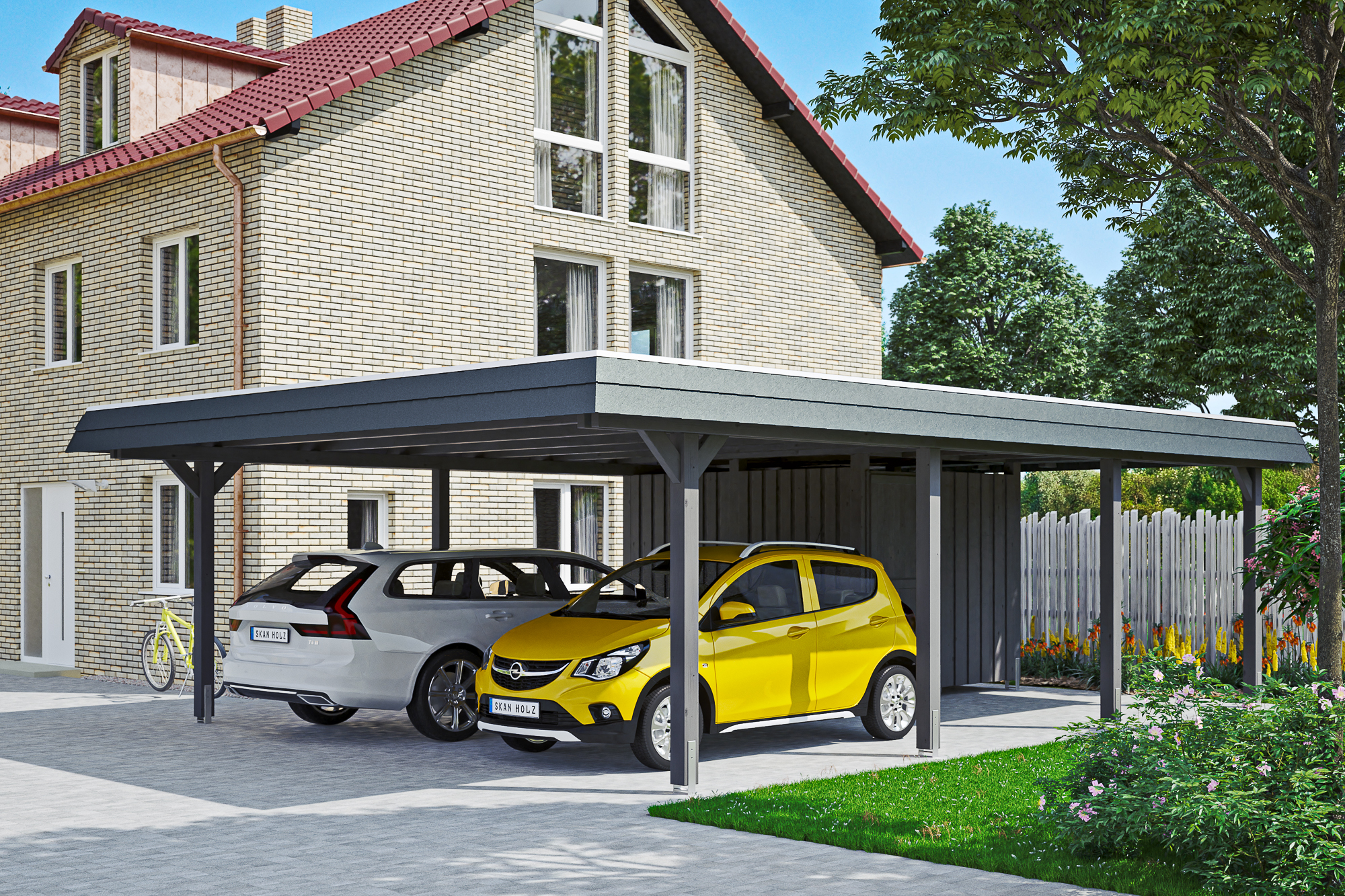 Carport Wendland mit Abstellraum 630 x 879 cm mit EPDM-Dach, schwarze Blende, schiefergrau