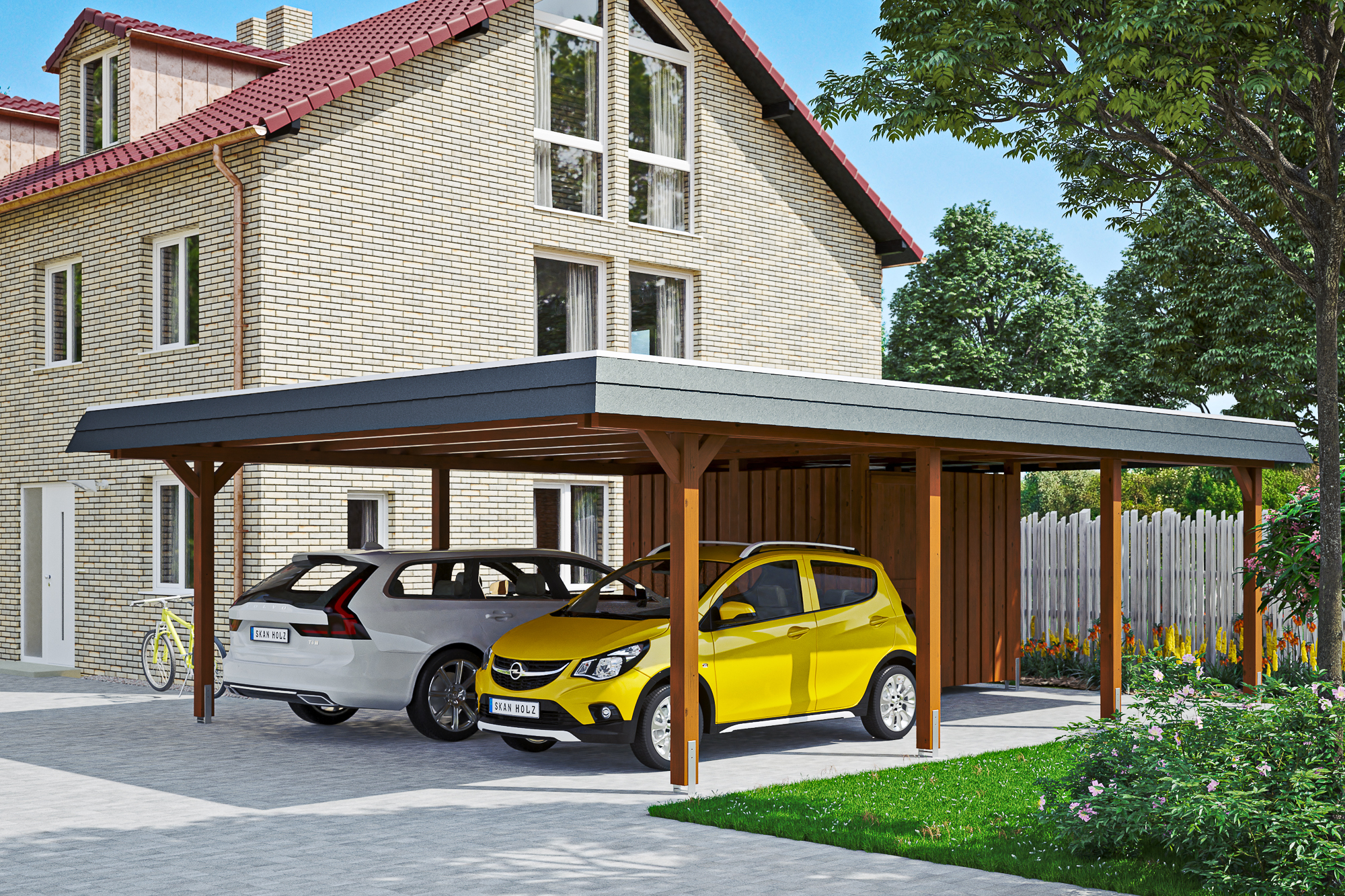 Carport Wendland mit Abstellraum 630 x 879 cm mit EPDM-Dach, schwarze Blende, nussbaum