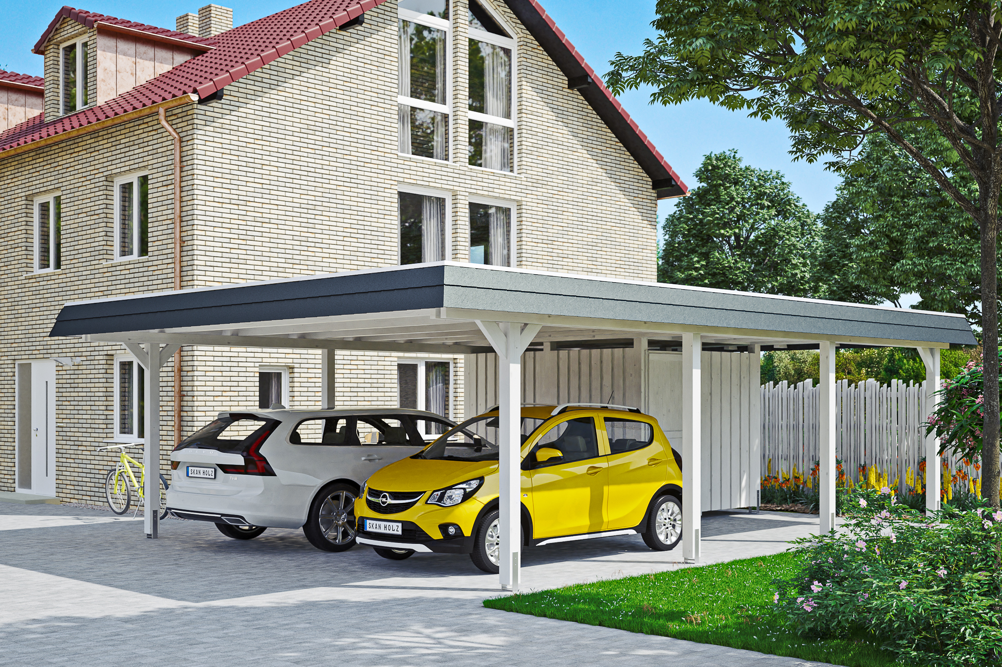 Carport Wendland mit Abstellraum 630 x 879 cm mit EPDM-Dach, schwarze Blende, weiß