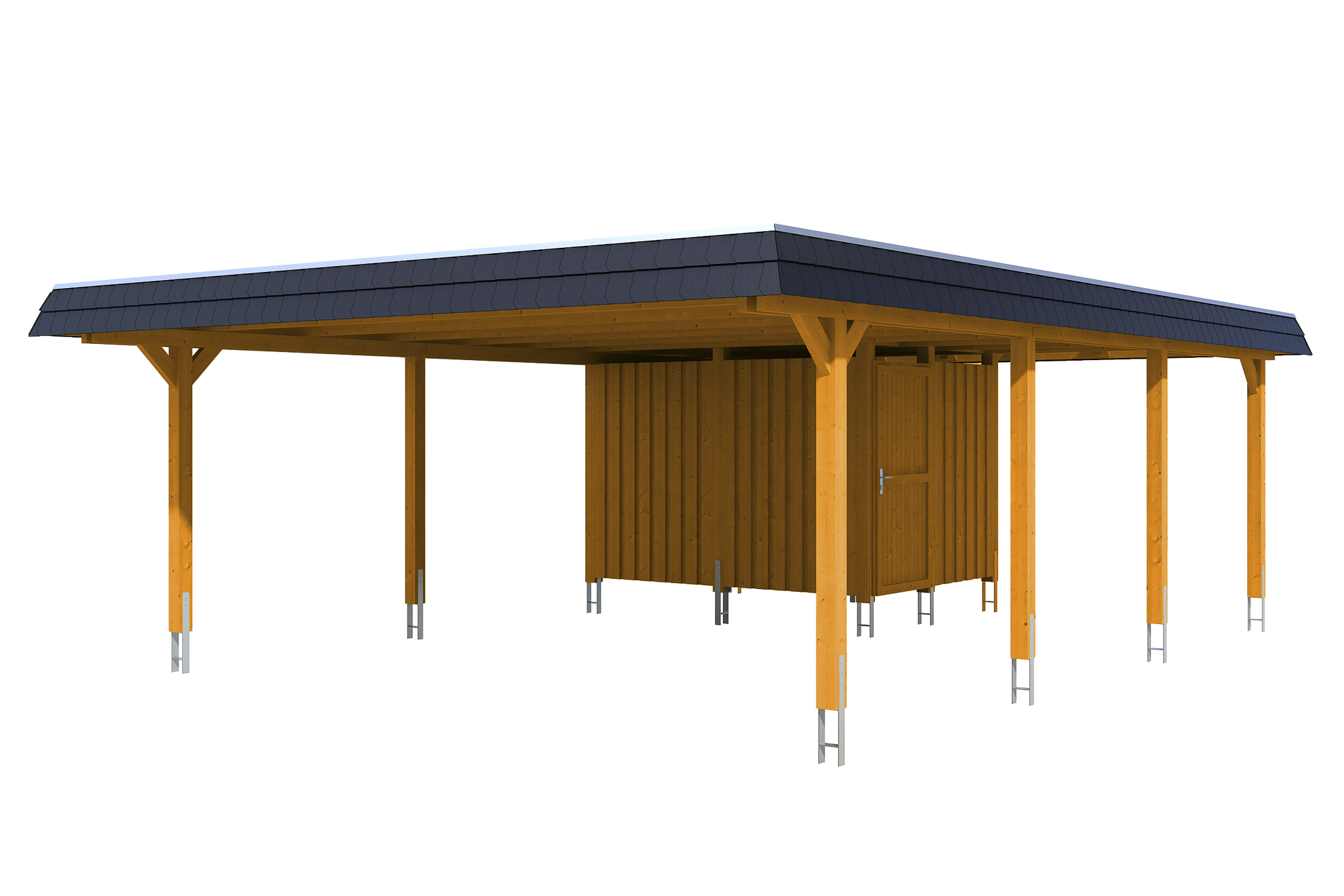 Carport Wendland 630 x 879 cm mit Aluminiumdach, schwarze Blende, eiche hell Carport Wendland 630 x 879 cm mit Aluminiumdach, schwarze Blende, eiche hell