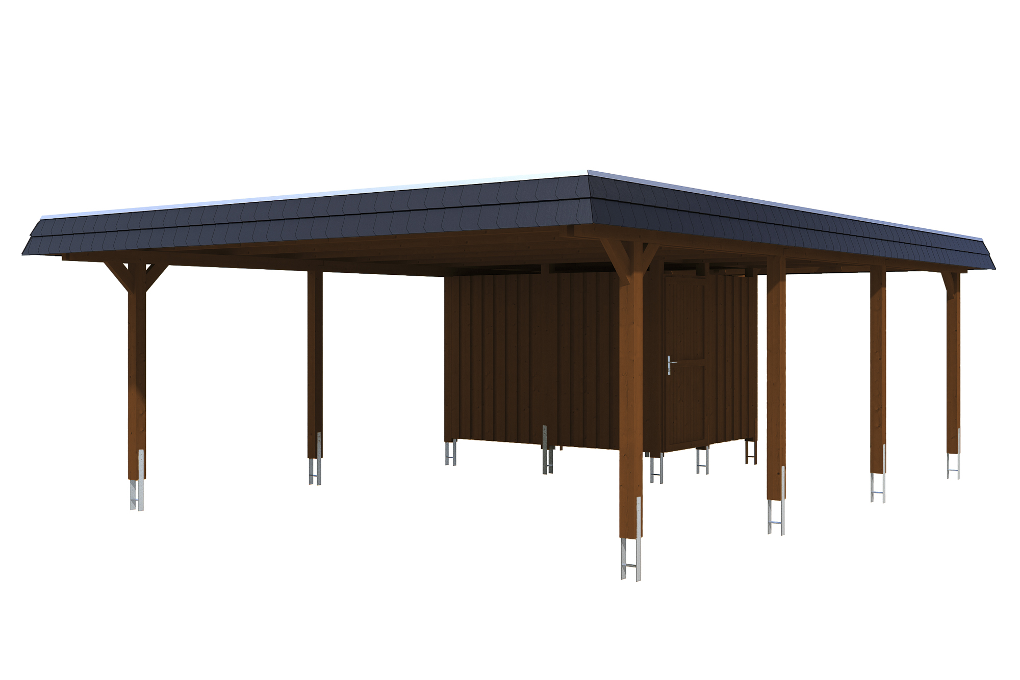 Carport Wendland 630 x 879 cm mit Aluminiumdach, schwarze Blende, nussbaum