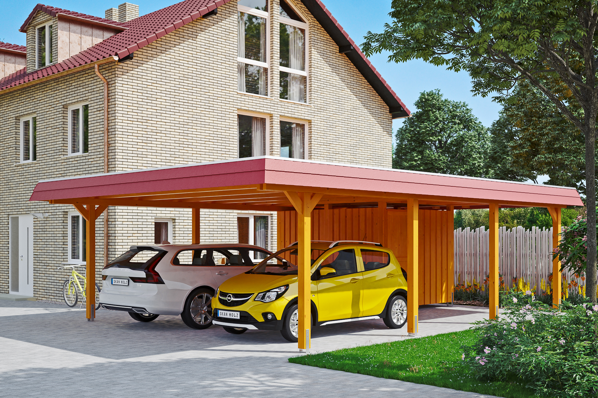 Carport Wendland mit Abstellraum 630 x 879 cm mit EPDM-Dach, rote Blende, eiche hell Carport Wendland mit Abstellraum 630 x 879 cm mit EPDM-Dach, rote Blende, eiche hell