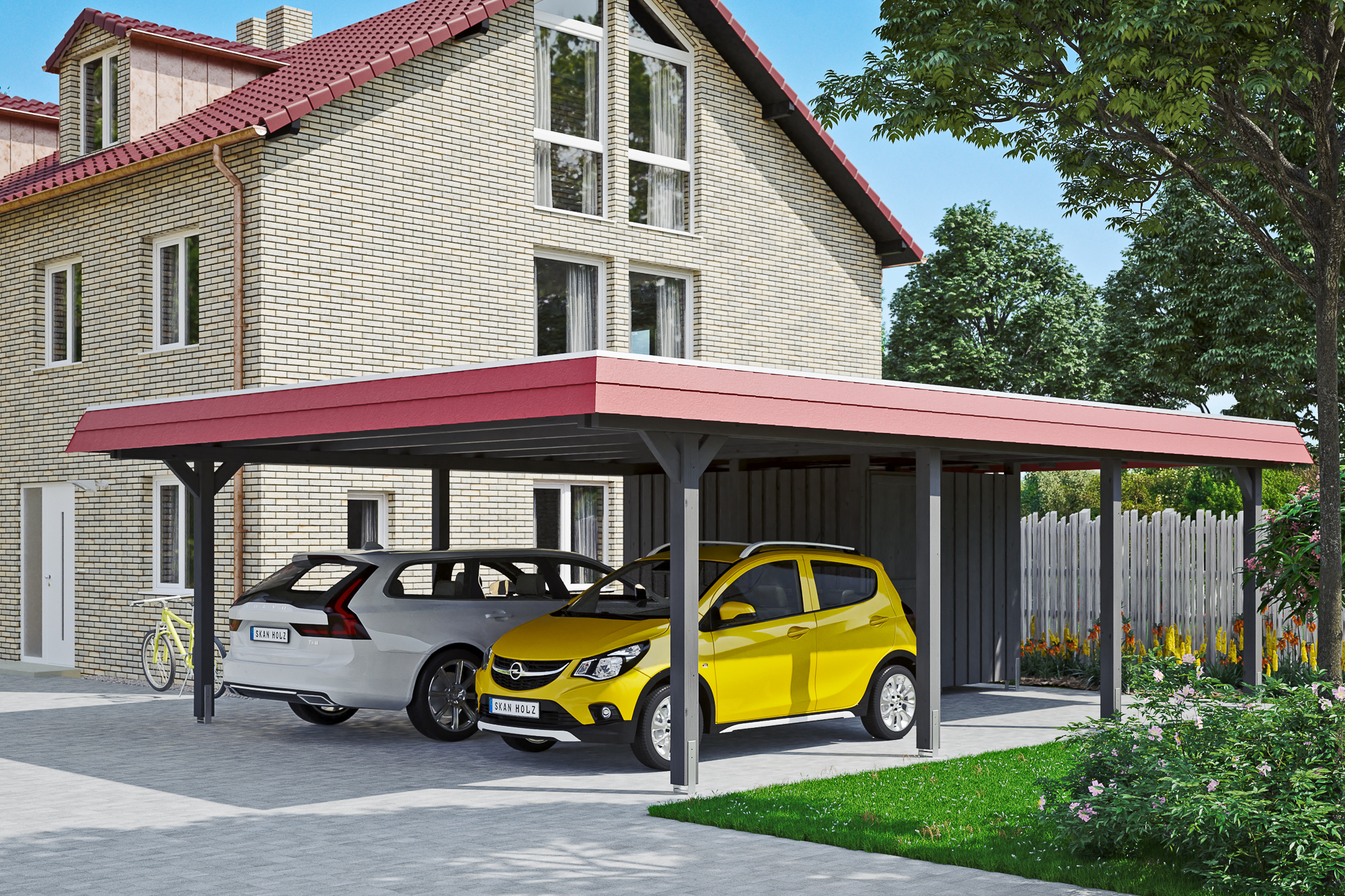 Carport Wendland mit Abstellraum 630 x 879 cm mit EPDM-Dach, rote Blende, schiefergrau Carport Wendland mit Abstellraum 630 x 879 cm mit EPDM-Dach, rote Blende, schiefergrau