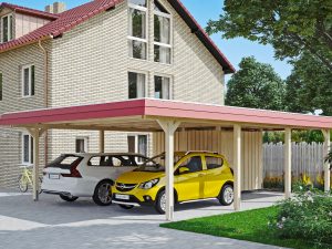 Carport Wendland mit Abstellraum 630 x 879 cm mit EPDM-Dach, rote Blende