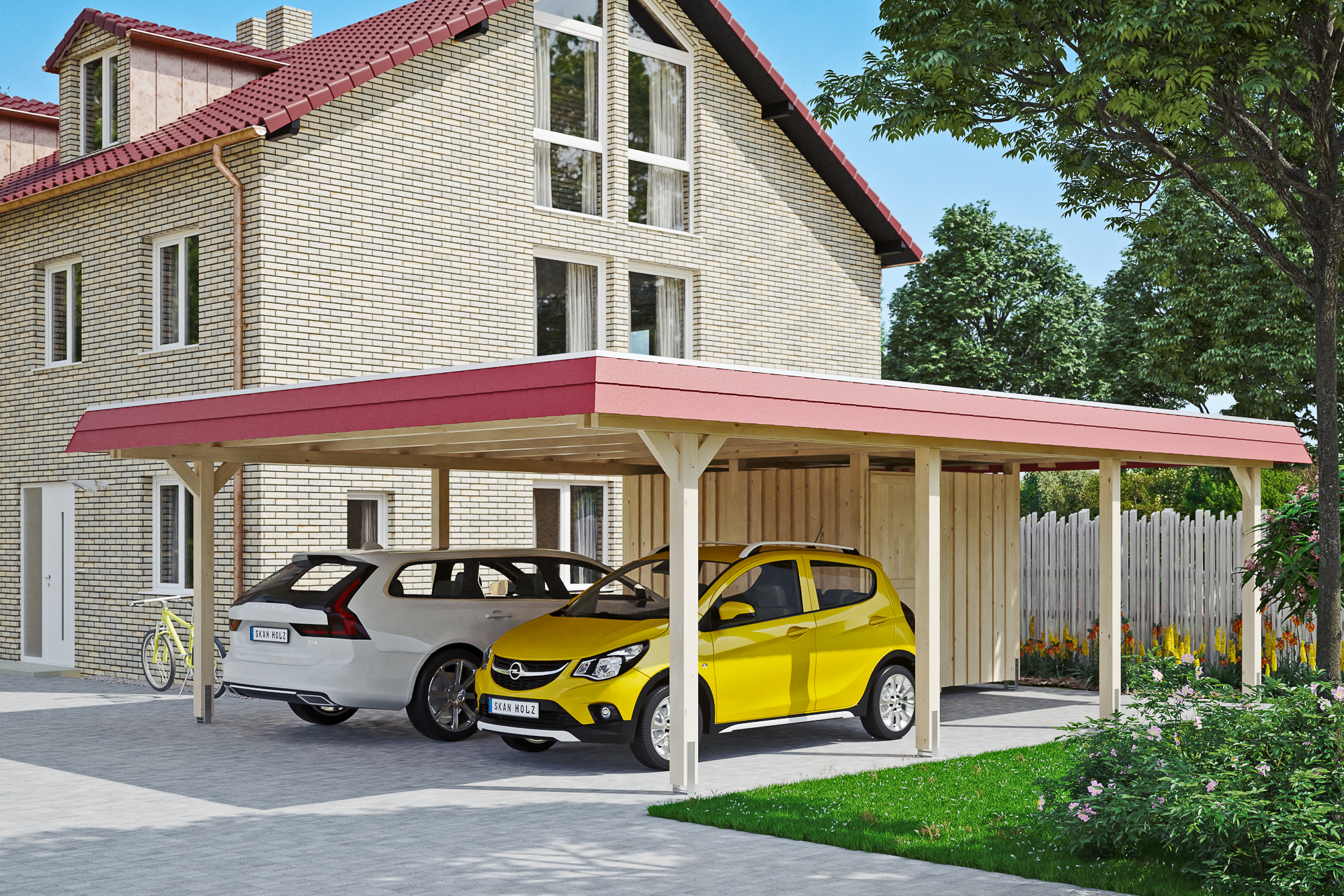 Carport Wendland mit Abstellraum 630 x 879 cm mit EPDM-Dach, rote Blende Carport Wendland mit Abstellraum 630 x 879 cm mit EPDM-Dach, rote Blende