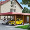 Carport Wendland mit Abstellraum 630 x 879 cm mit Aluminiumdach, rote Blende, nussbaum Carport Wendland mit Abstellraum 630 x 879 cm mit Aluminiumdach, rote Blende, nussbaum