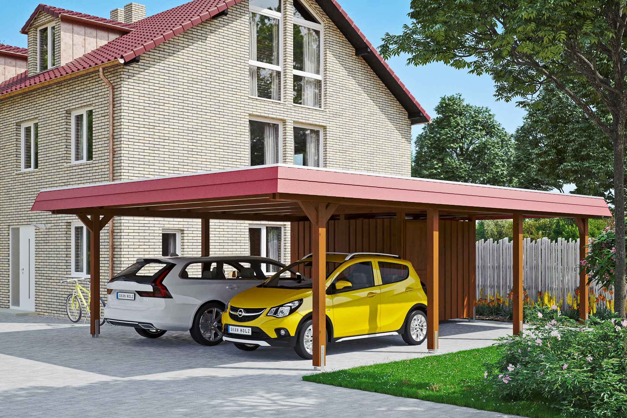 Carport Wendland mit Abstellraum 630 x 879 cm mit Aluminiumdach, rote Blende, nussbaum Carport Wendland mit Abstellraum 630 x 879 cm mit Aluminiumdach, rote Blende, nussbaum