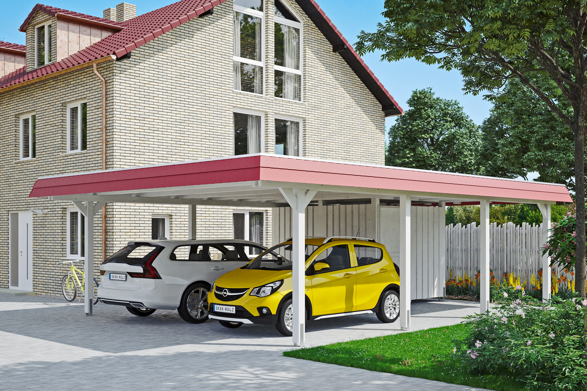Carport Wendland mit Abstellraum 630 x 879 cm mit EPDM-Dach, rote Blende, weiß Carport Wendland mit Abstellraum 630 x 879 cm mit EPDM-Dach, rote Blende, weiß
