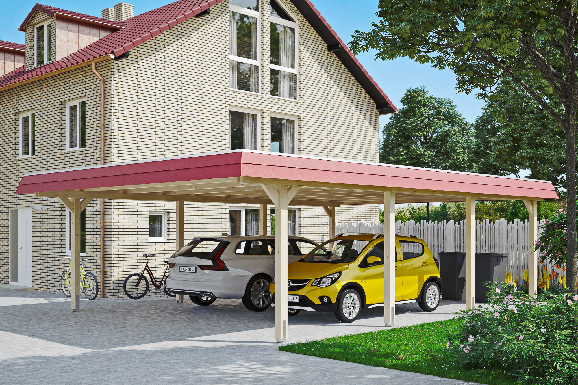 Carport Wendland 630 x 879 cm mit EPDM-Dach, rote Blende