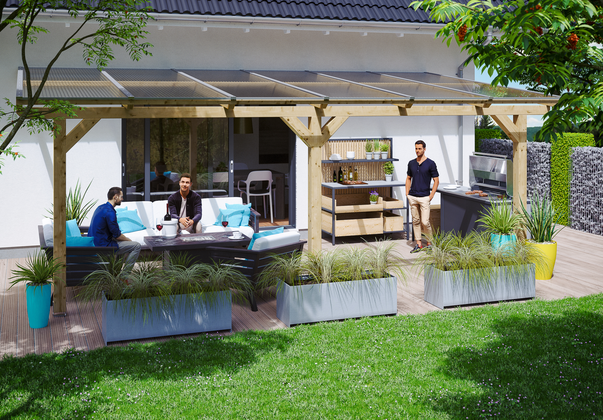 AI generated – Terrassenüberdachung Andria 648 x 300 cm, Leimholz, natur