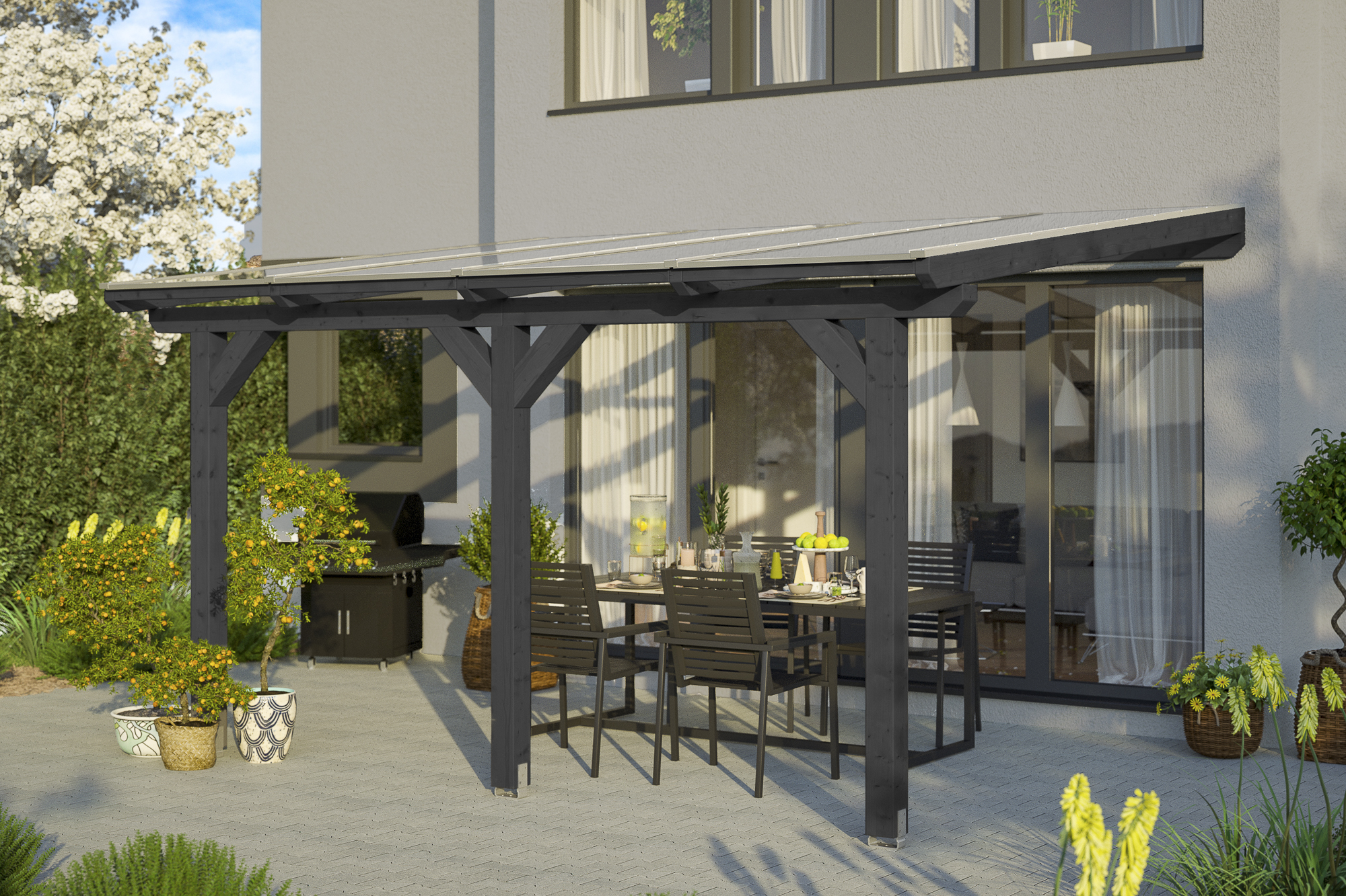 AI generated – Terrassenüberdachung Bormio 434 x 250 cm, Leimholz, anthrazit
