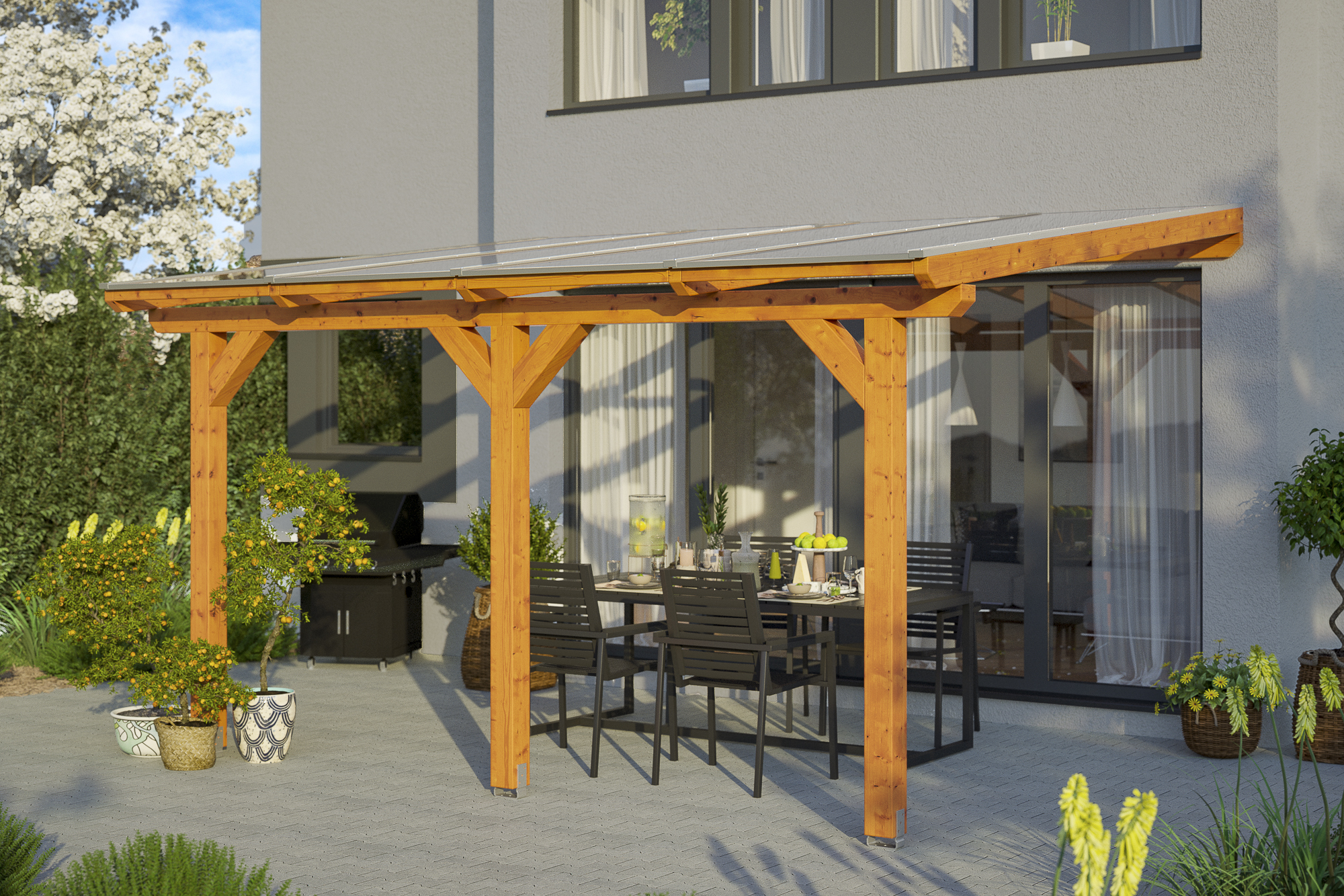AI generated – Terrassenüberdachung Bormio 434 x 350 cm, Leimholz, eiche hell