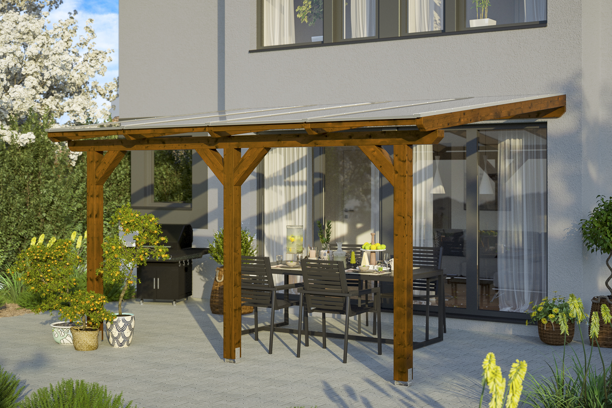 AI generated – Terrassenüberdachung Bormio 434 x 350 cm, Leimholz, nussbaum