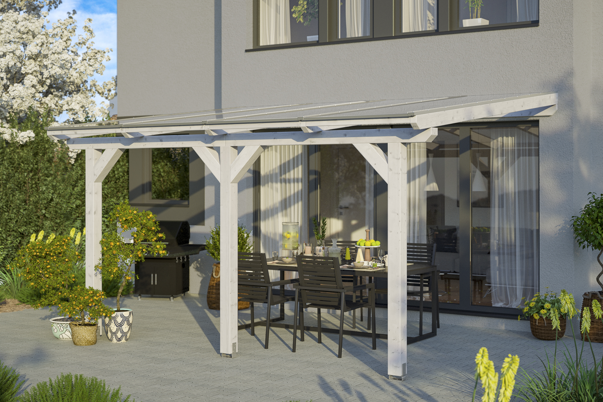 AI generated – Terrassenüberdachung Bormio 434 x 350 cm, Leimholz, weiß